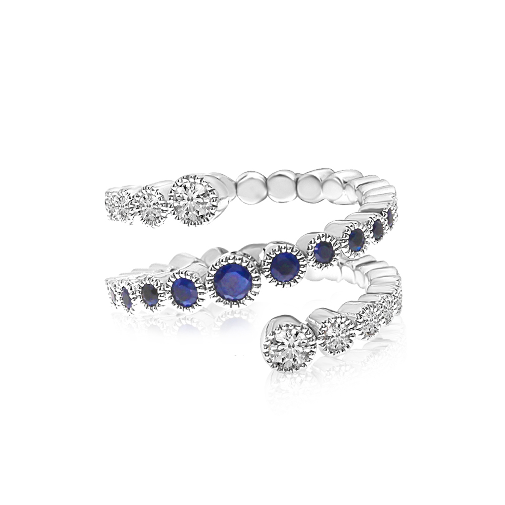 14K White Gold Diamond and Sapphire Spiral Spryng Ring