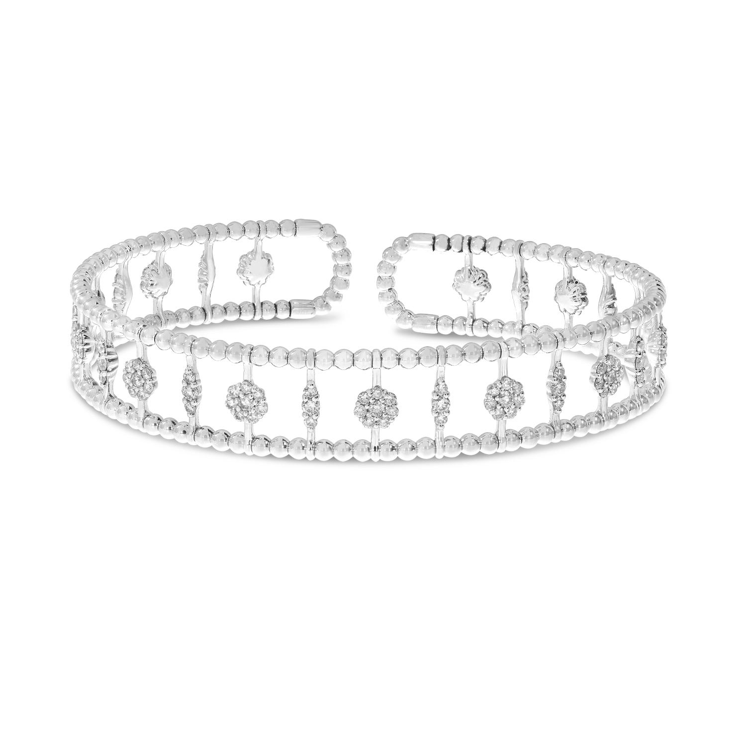 14K White Gold Diamond Triple Row Flexible Cuff Bracelet