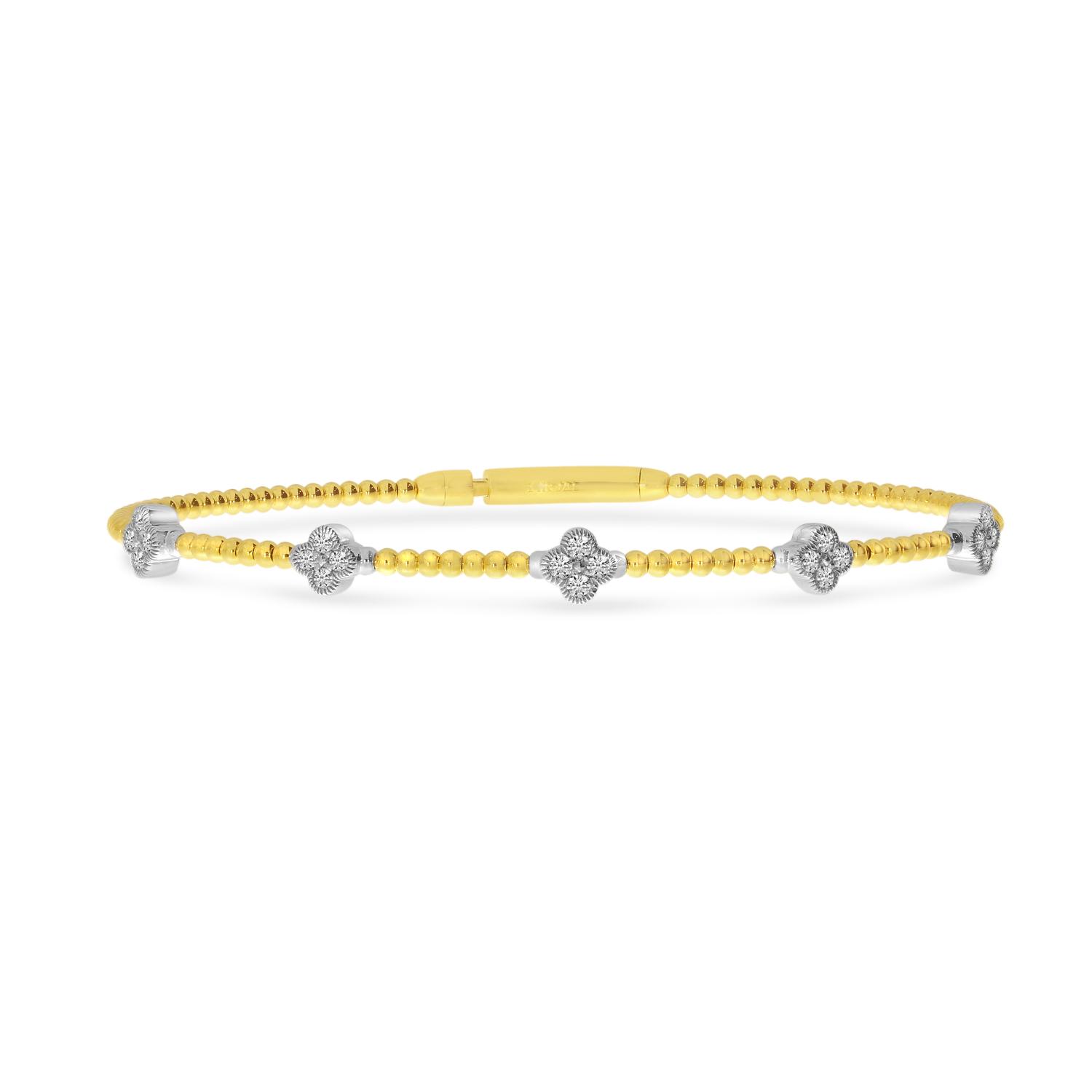 14K Two Tone Gold 5 Station Diamond Clover Flexible Bracelet