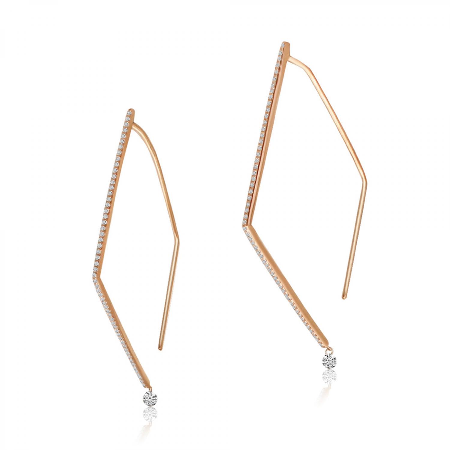 14K Rose Gold Pierced Diamond Triangle Dashing Diamond Geometric Earrings