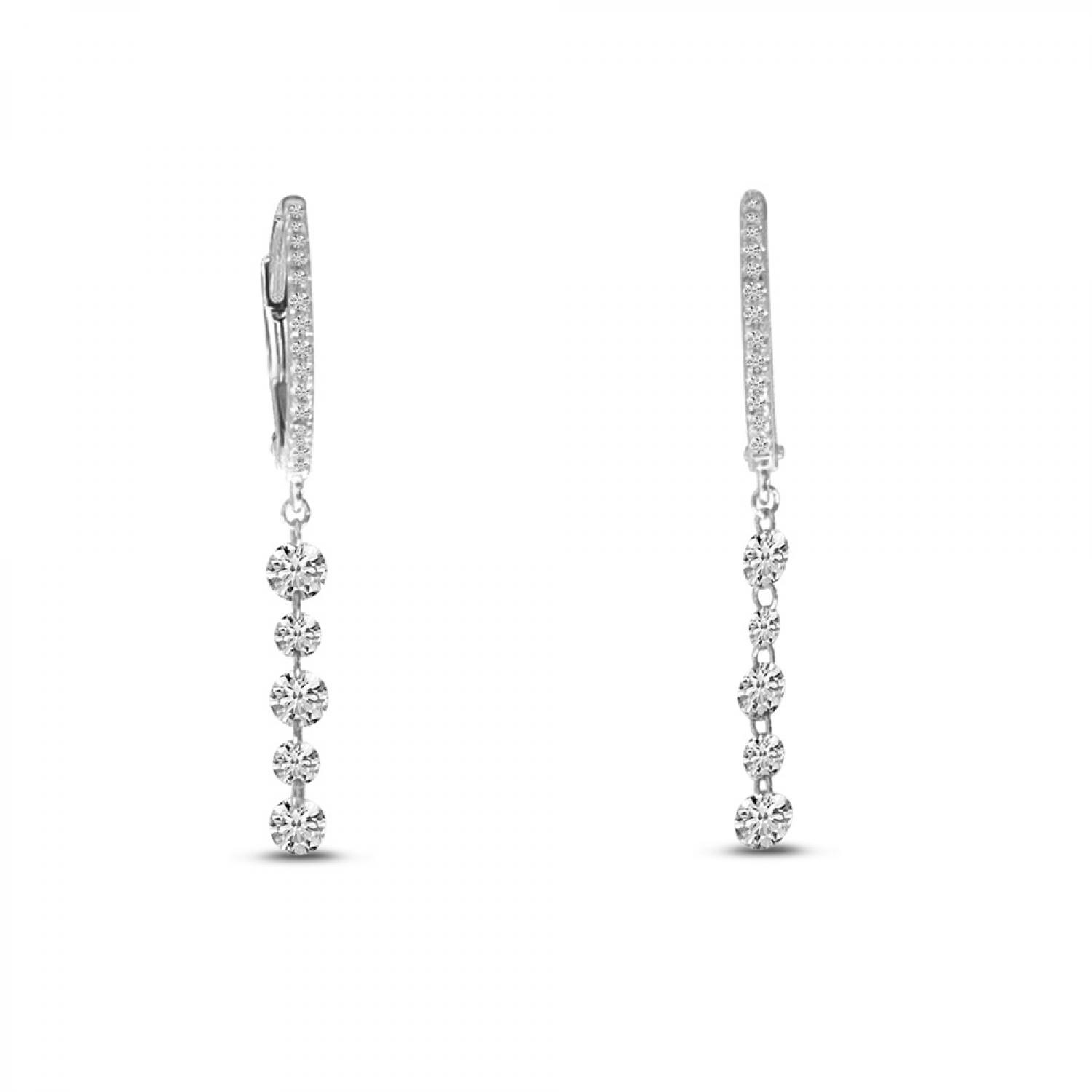 14K White Gold Dashing Diamond 5 Stone Dangle Huggie Earrings