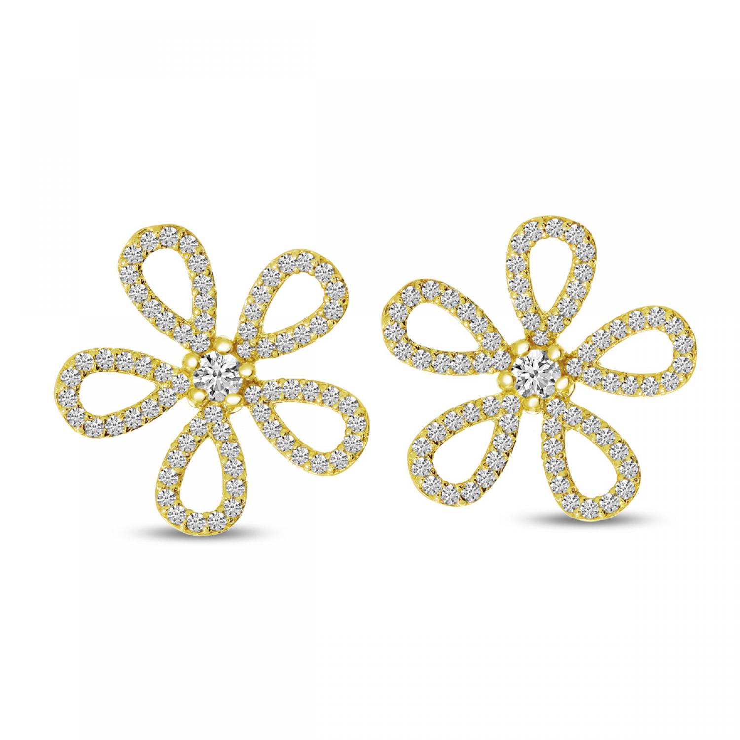 14K Yellow Gold Diamond Flower Post Earrings