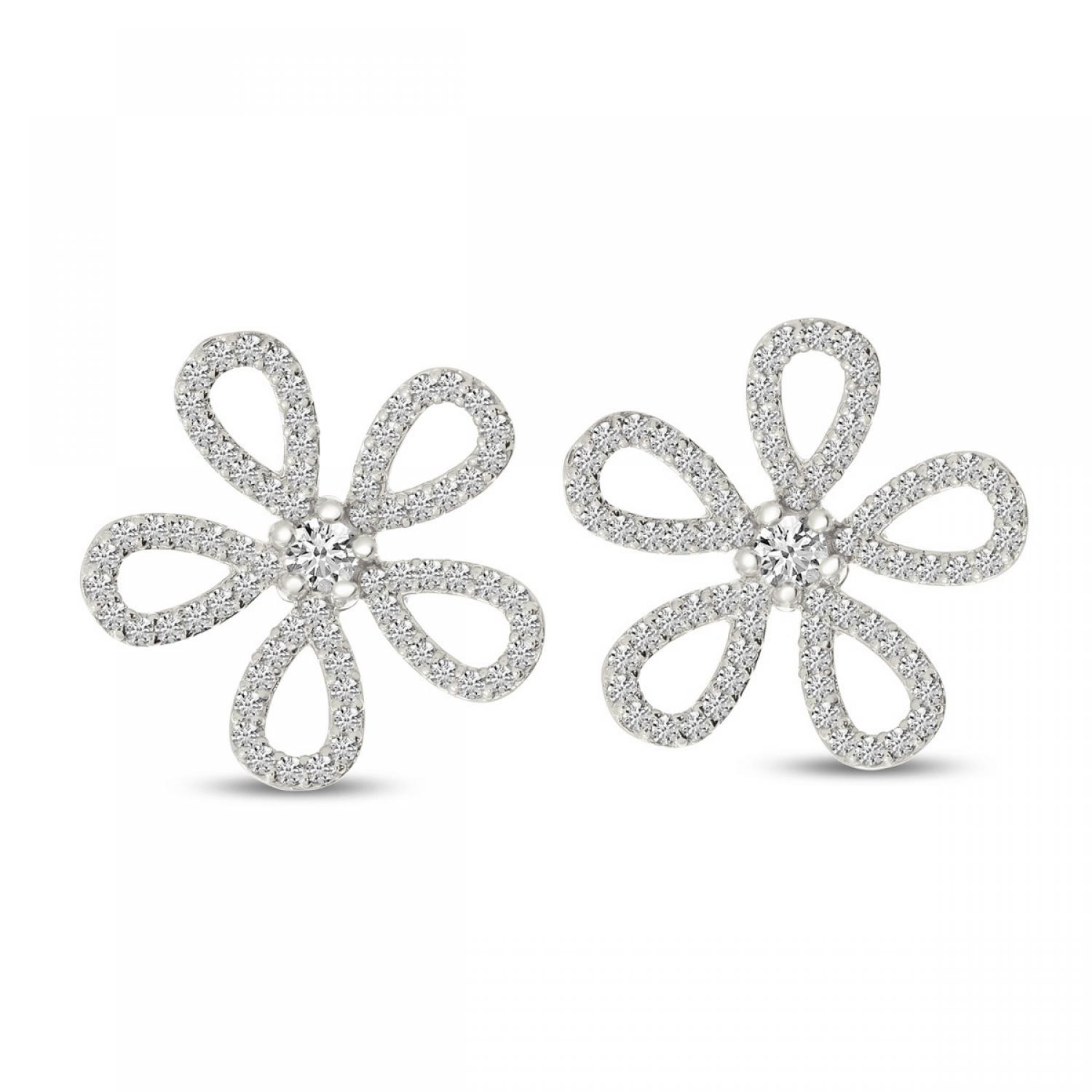 14K White Gold Diamond Flower Post Earrings