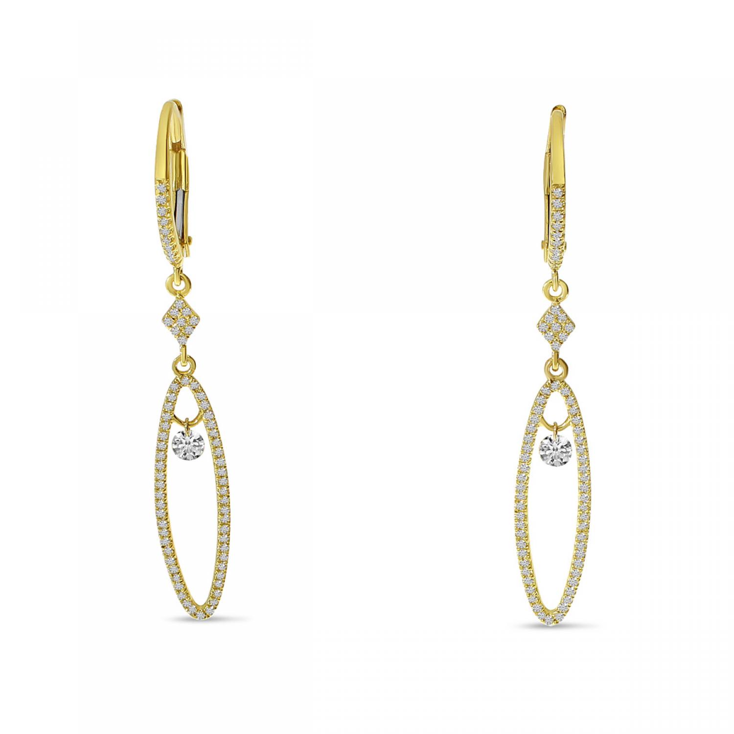 14K Yellow Gold Dashing Diamond Long Oval Dangle Earrings