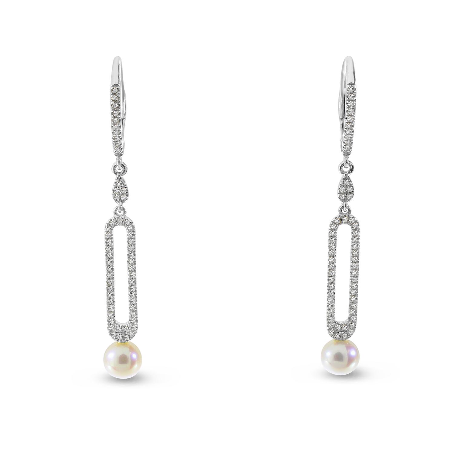 14K White Gold Dangle Pearl and Diamond Earrings