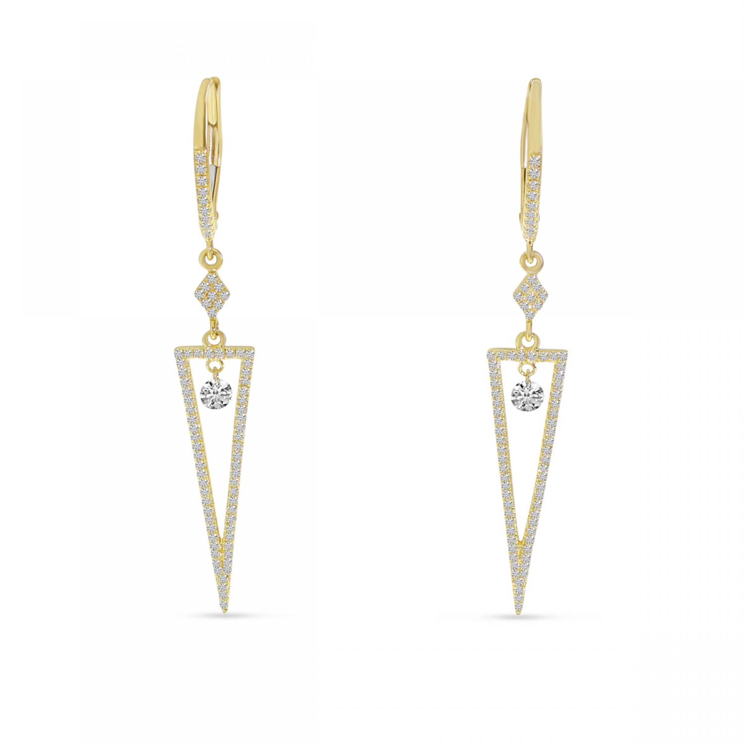 14K Yellow Gold Dashing Diamond Triangle Dangle Earrings