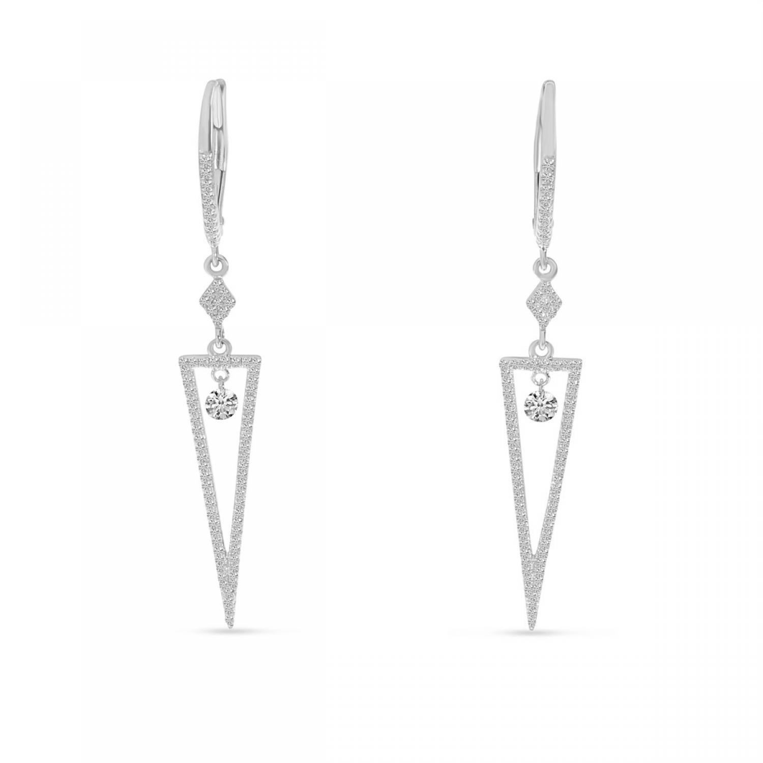 14K White Gold Dashing Diamond Triangle Dangle Earrings