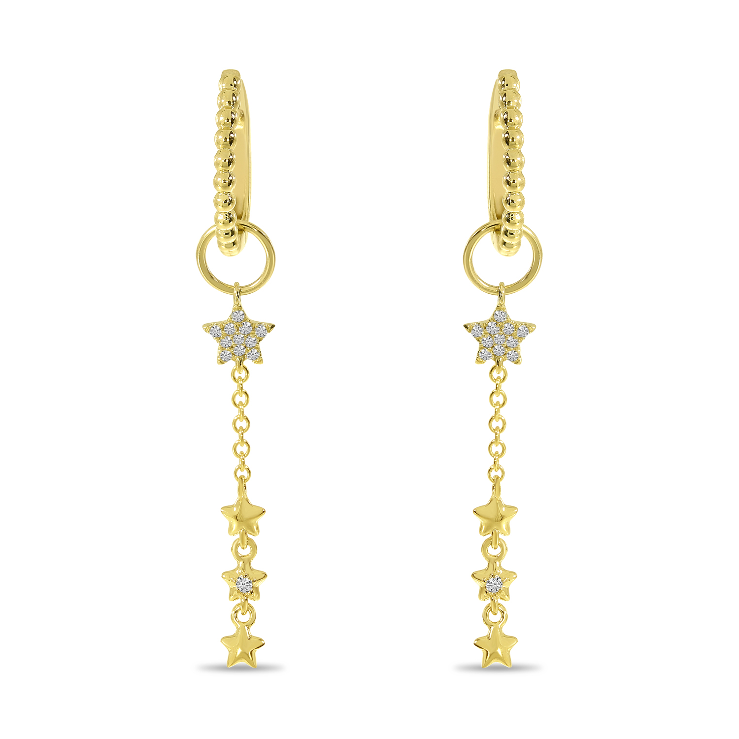 Colormerchants 14k Yellow Gold Diamond Star Hoop Dangle Earrings