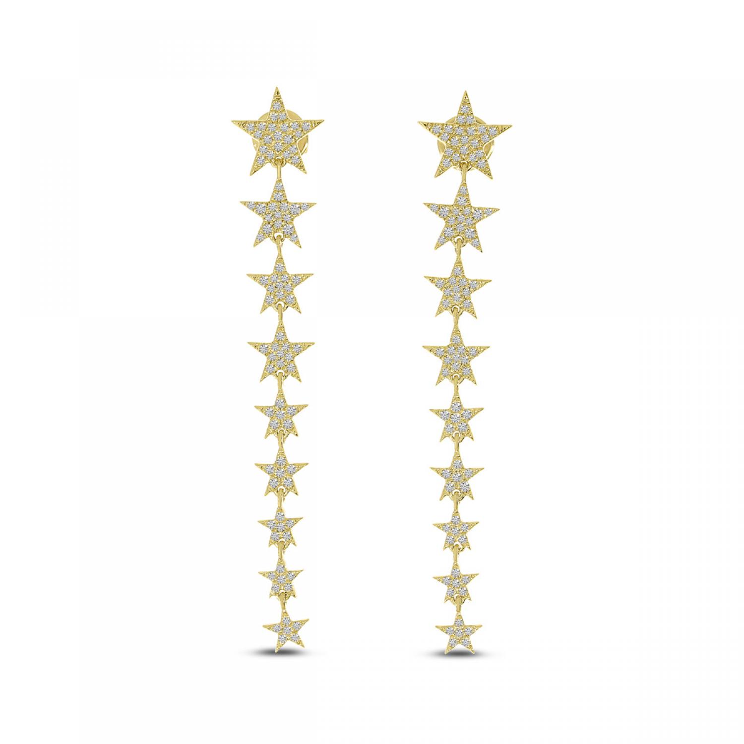 14K Yellow Gold Diamond Star Long Earrings