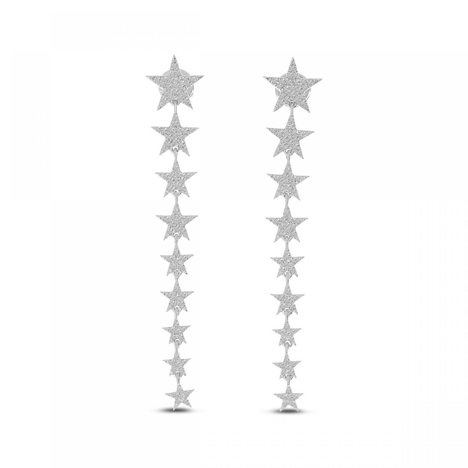 14K White Gold Diamond Star Long Earrings