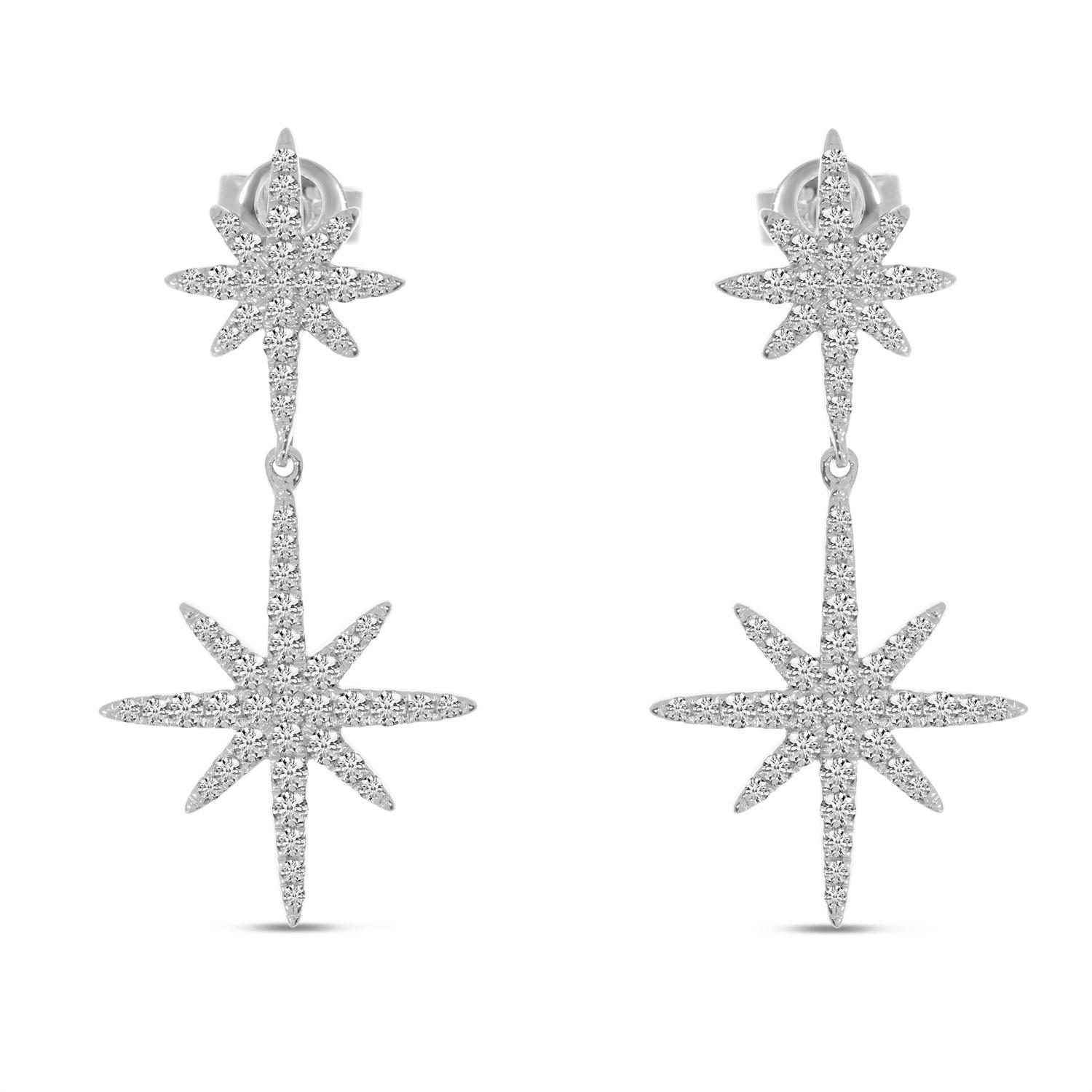 14K White Gold Diamond Double Starburst Earrings