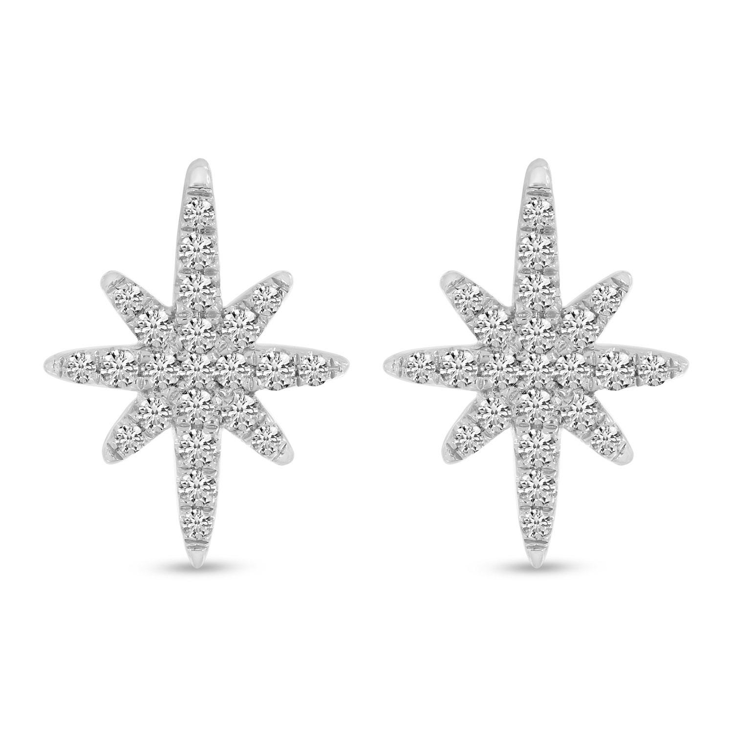 14K White Gold Small Diamond Starburst Stud Earrings