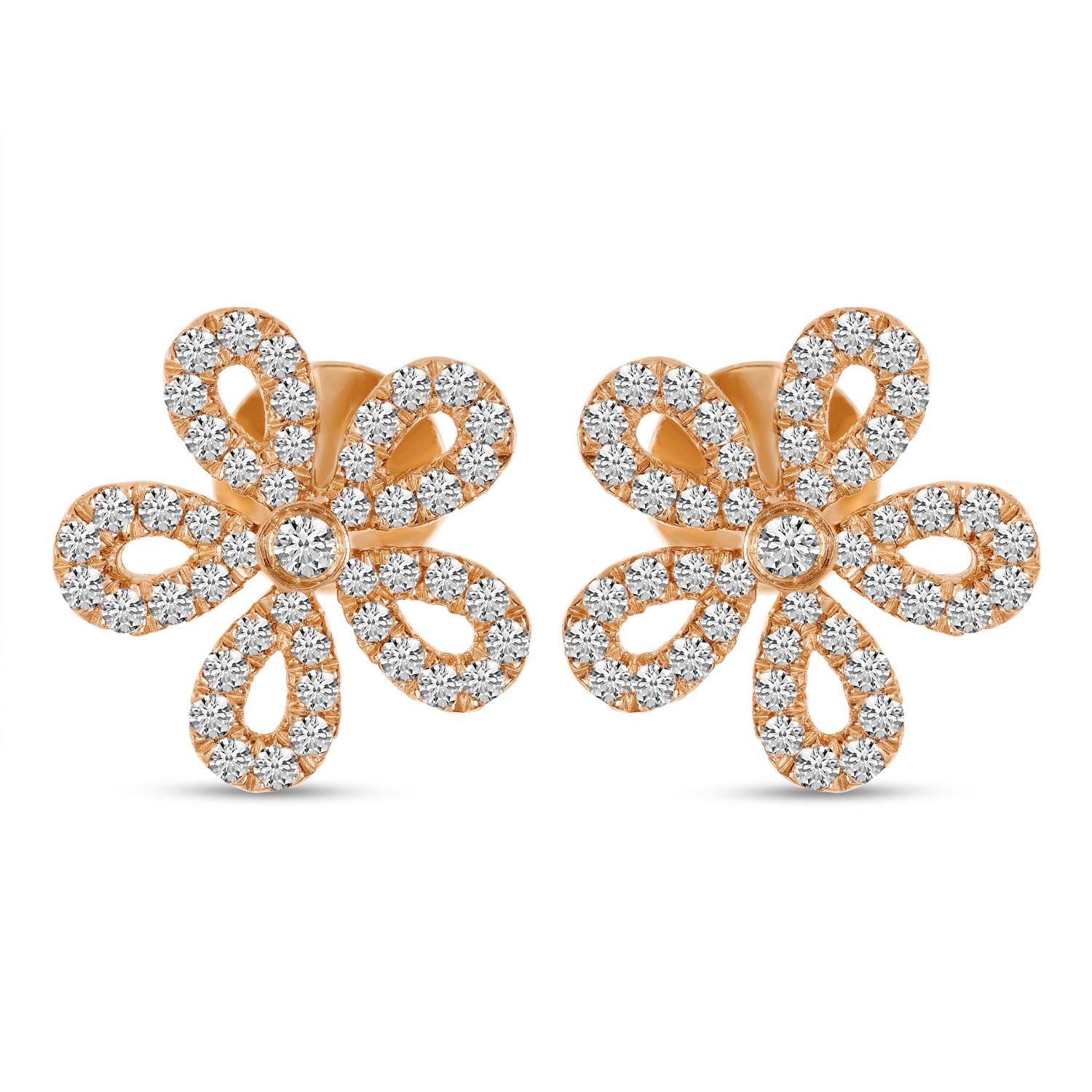 14K Rose Gold Small Diamond Floral Earrings