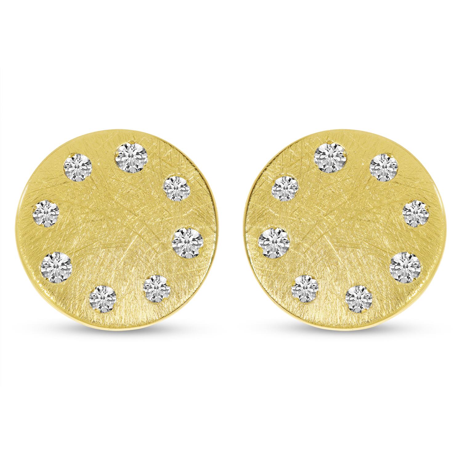 14K Yellow Gold Brushed Diamond Disc Earrings