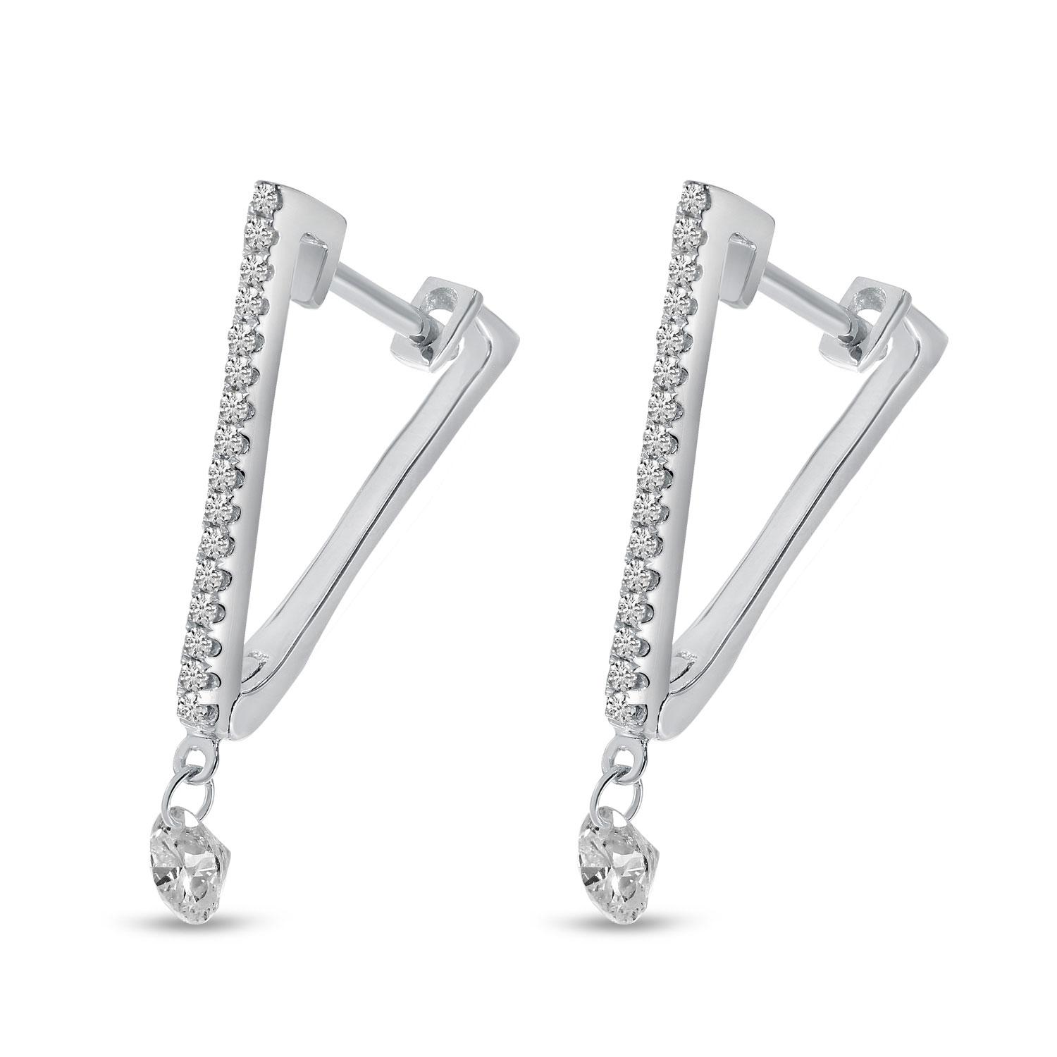 14K White Gold Diamond Triangle Dashing Diamond Huggie Earrings