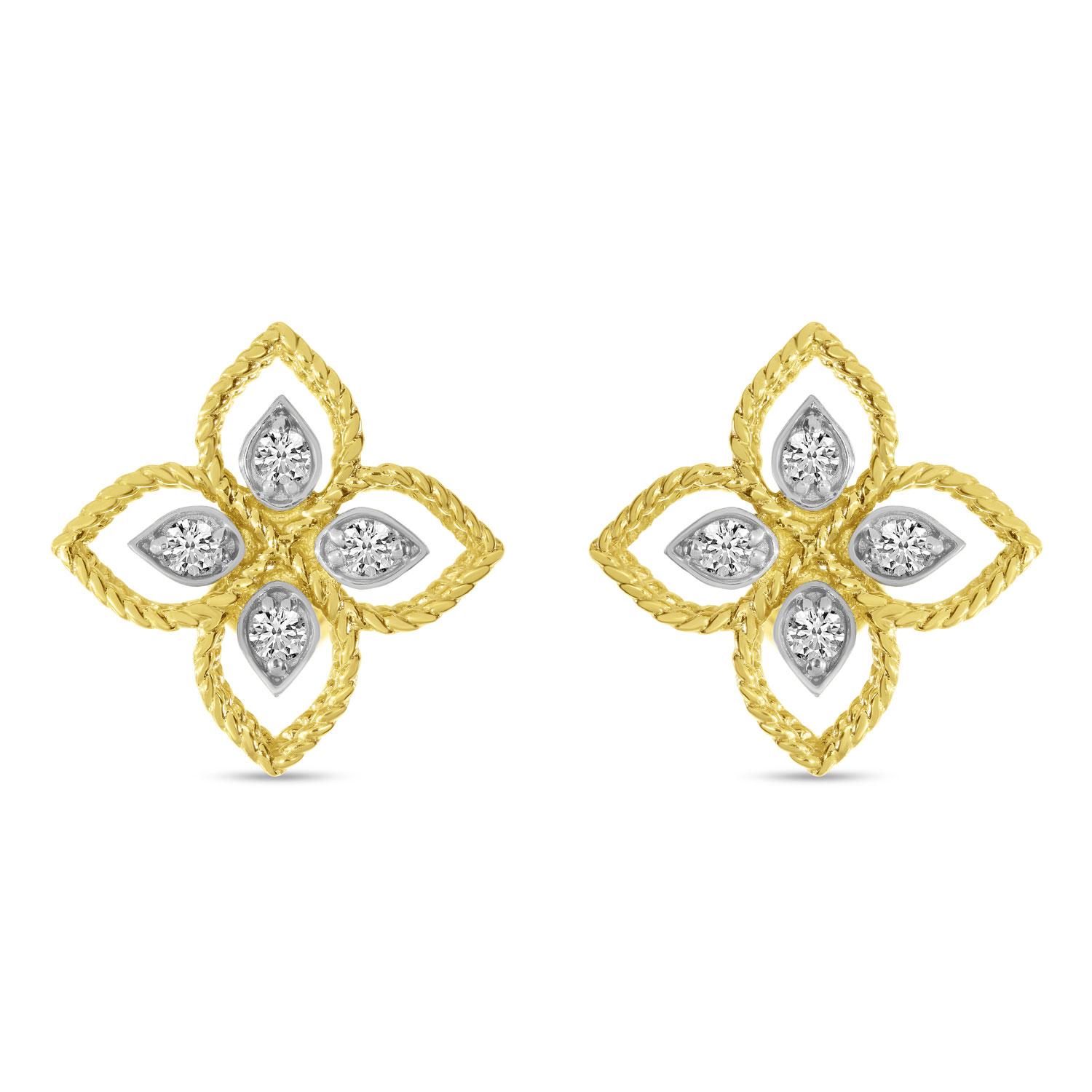 14K Yellow Gold Diamond Floral Millgrain Earrings