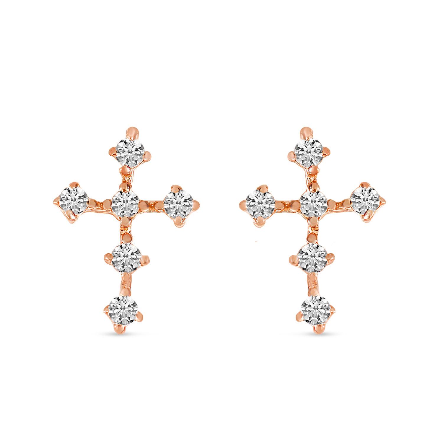 14K Rose Gold Diamond Mini Cross Stud Earrings