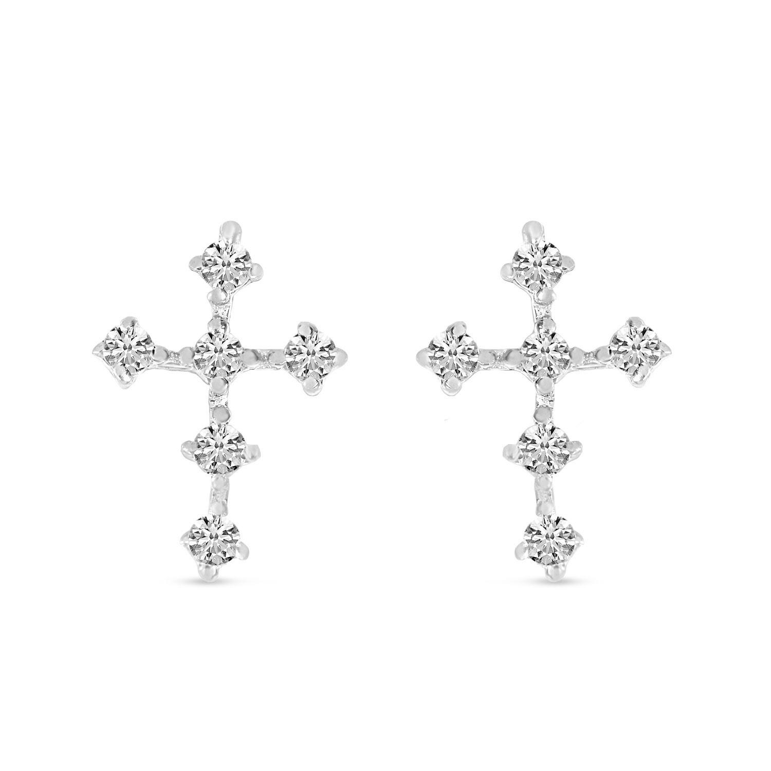 14K White Gold Diamond Mini Cross Stud Earrings