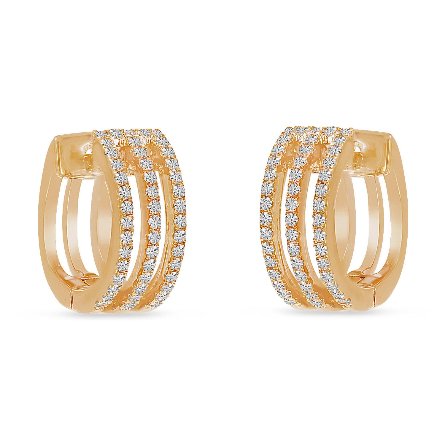 14K Rose Triple Row Diamond Huggie Earrings