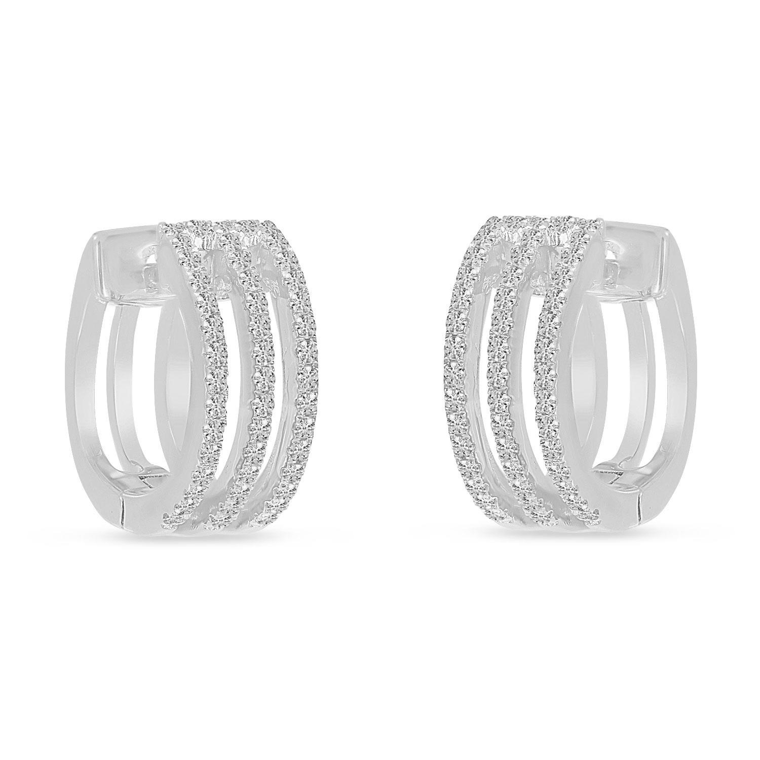 14K White Gold Triple Row Diamond Huggie Earrings