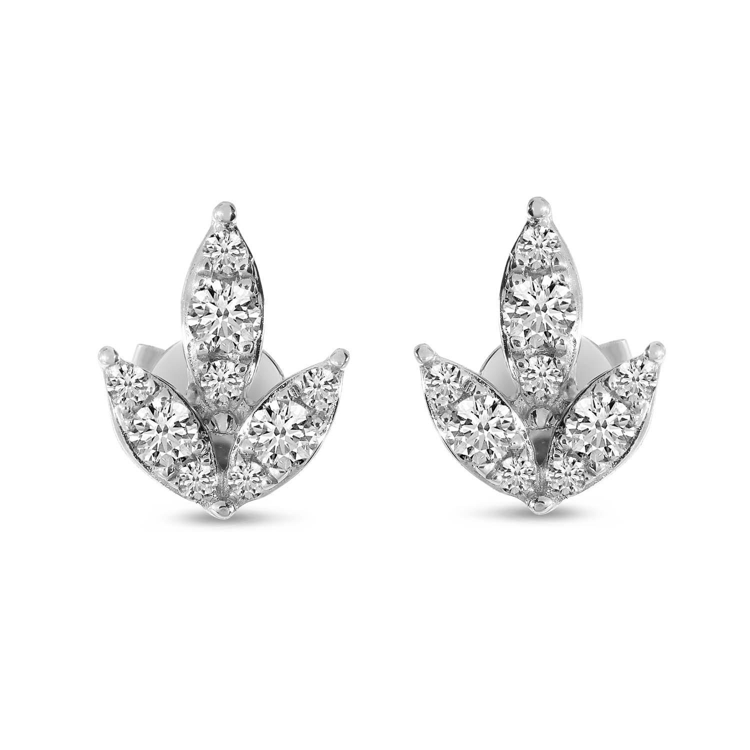 14K White Gold Diamond Lotus Floral Post Earrings