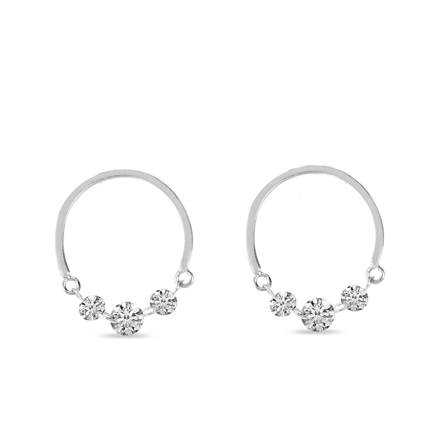 14K White Gold Dashing Diamond Half Circle Front Hoop Earrings