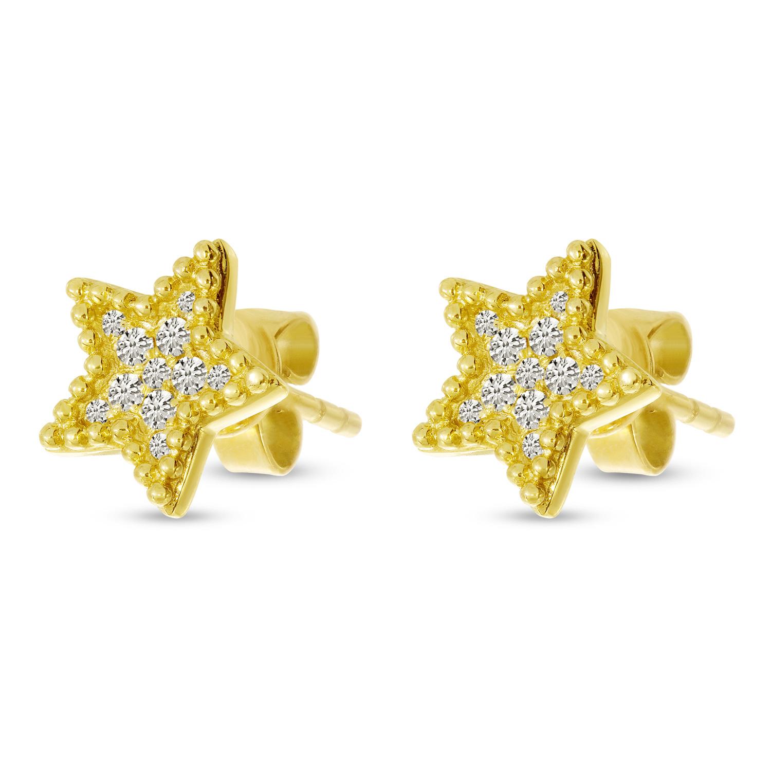 14K Yellow Gold Diamond Beaded Star Post Earrings