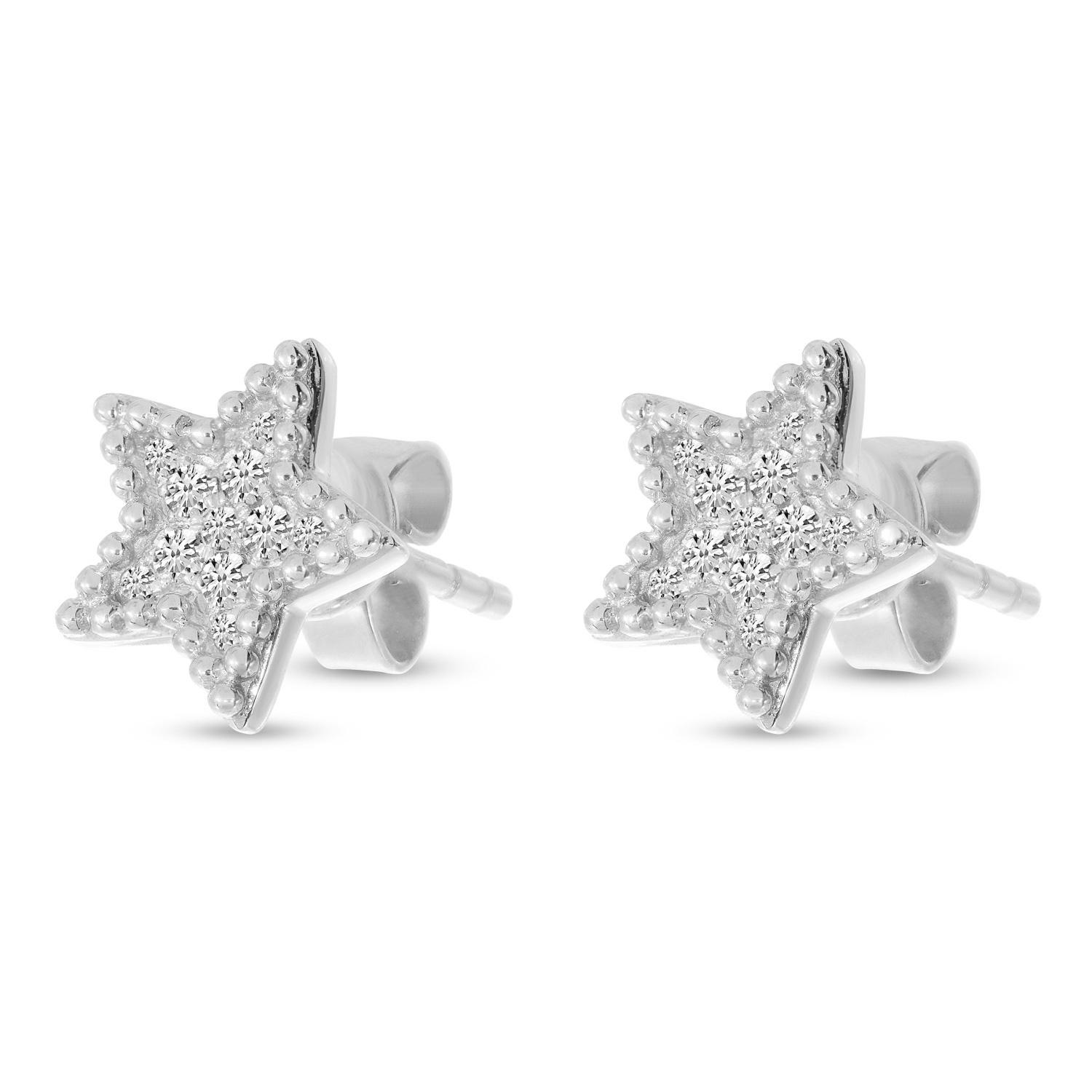 14K White Gold Diamond Beaded Star Post Earrings