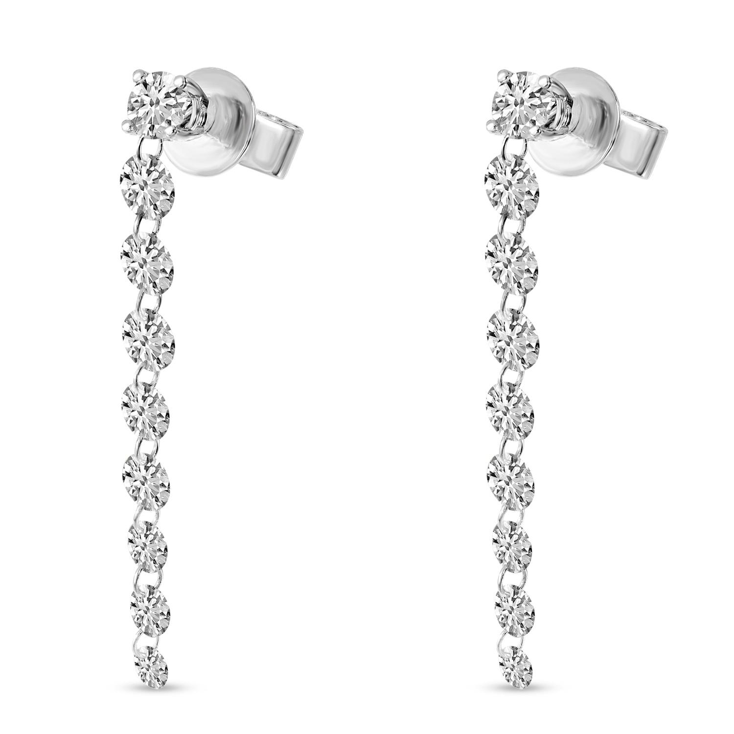 14K White Gold Dashing Diamond Stud with 9 Pierced Diamond Dangle Earrings