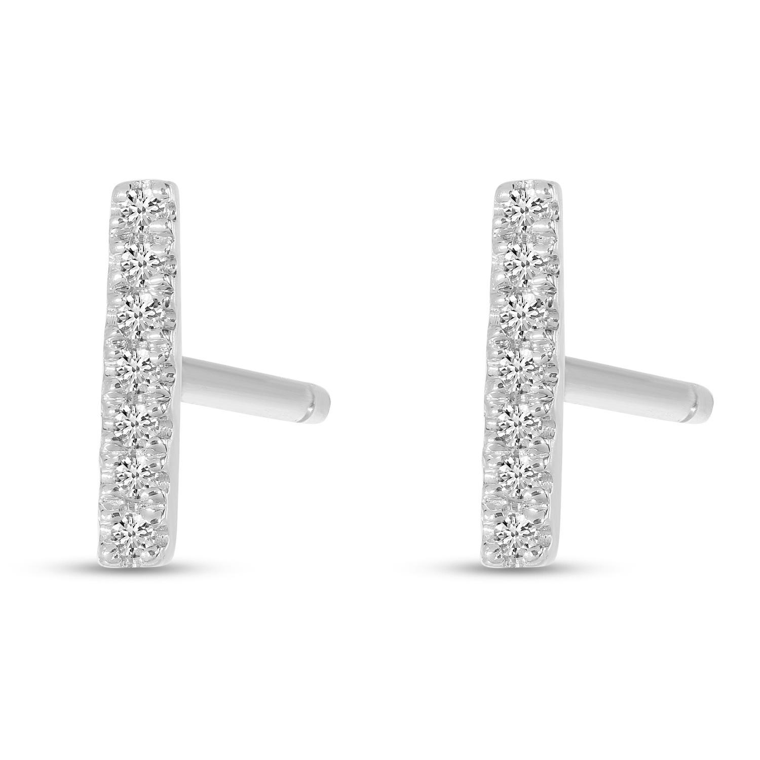 14K White Gold Diamond Bar Stud Earrings