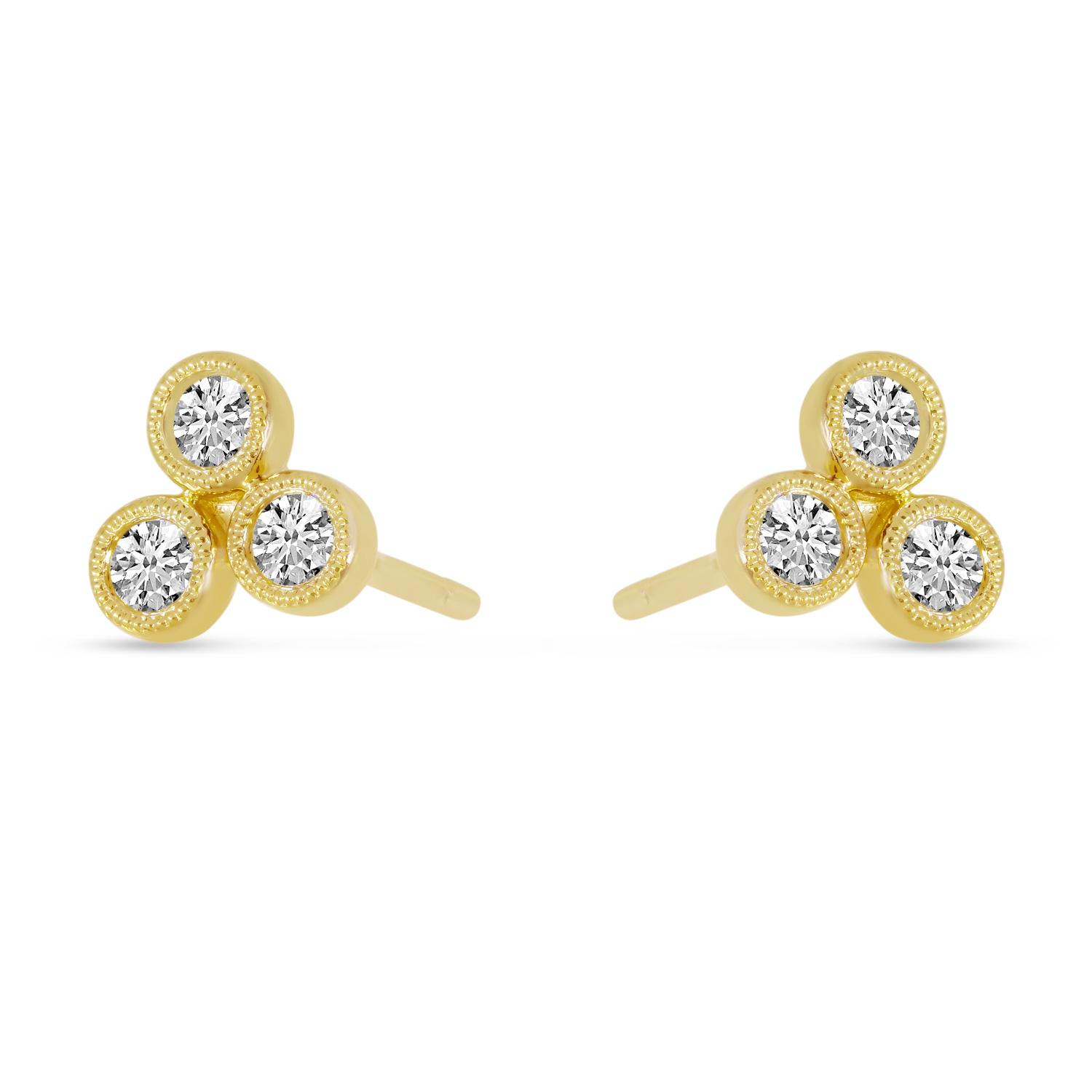 14K Yellow Gold Triple Diamond Bezel Stud Earrings