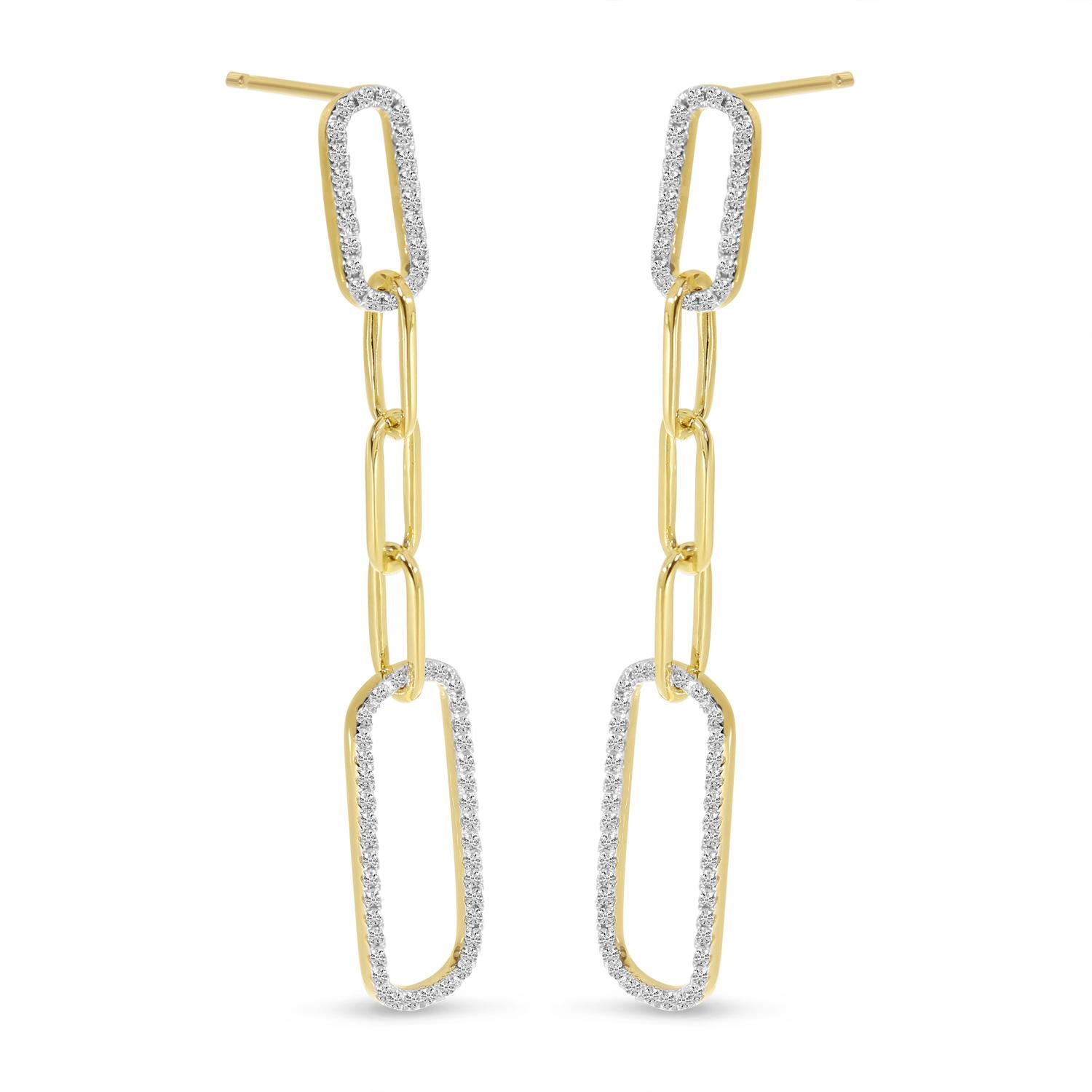 14K Yellow Gold Diamond Paperclip Link Long Earrings