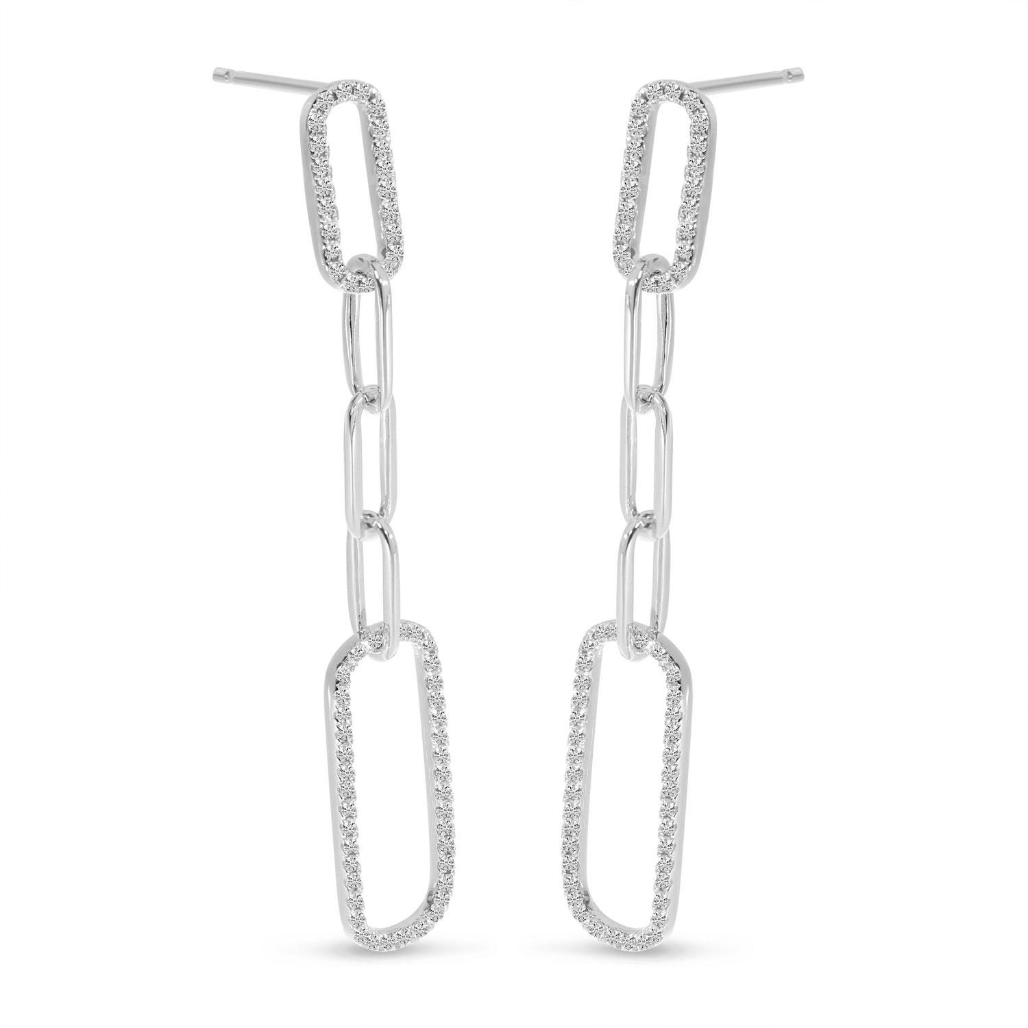 14K White Gold Diamond Paperclip Link Long Earrings