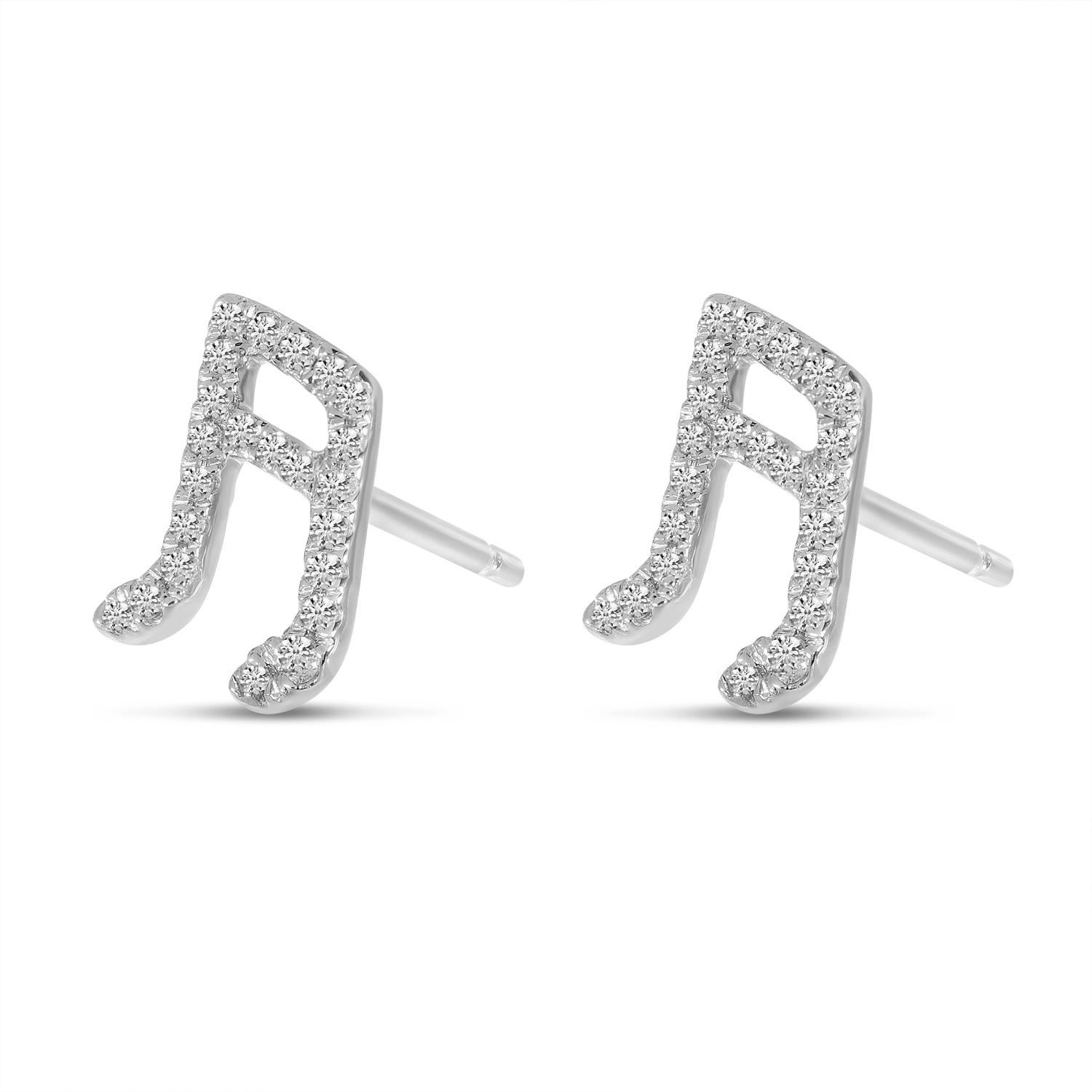 14K White Gold Diamond Music Note Stud Earrings