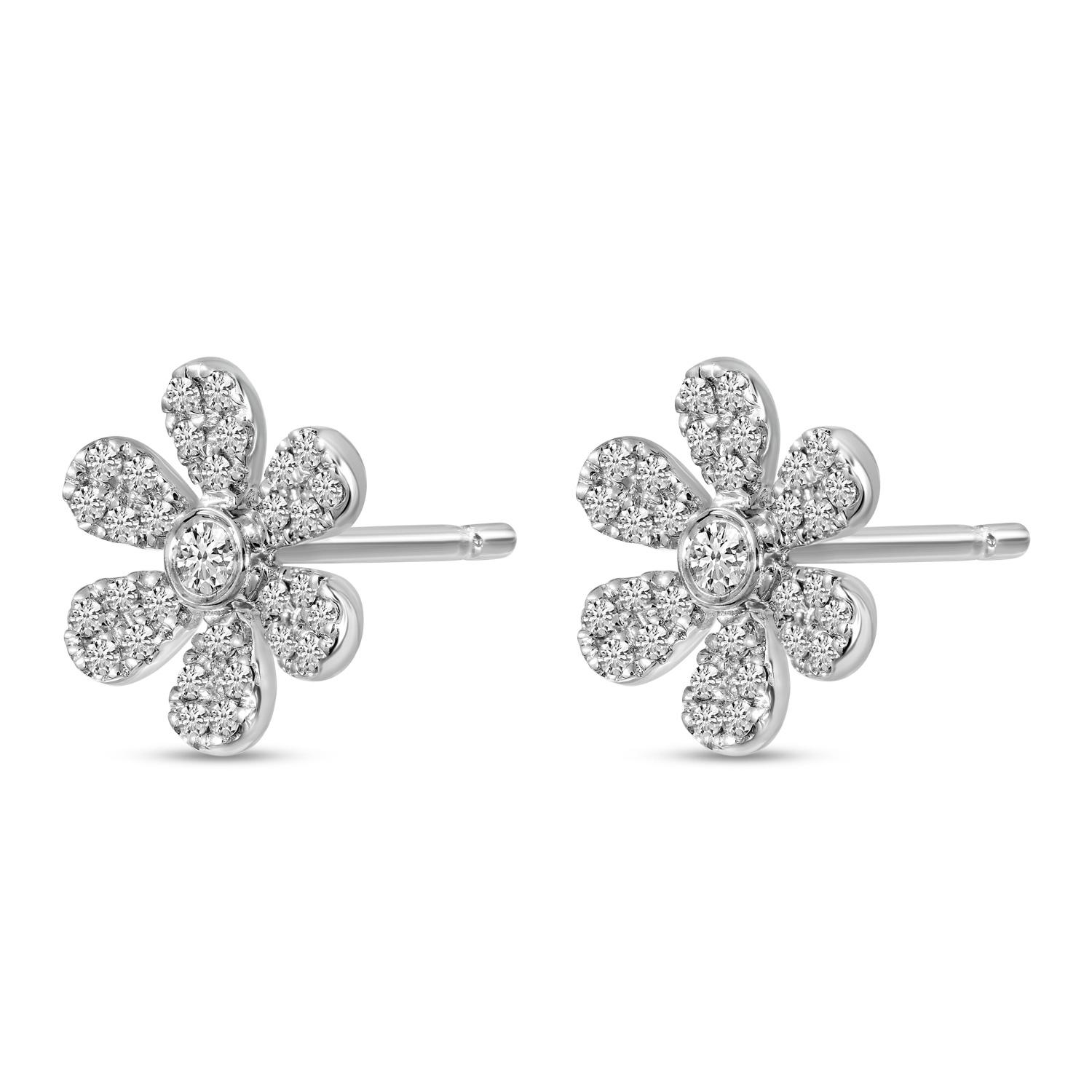 14K White Gold Small Diamond Pave Flower Stud Earrings