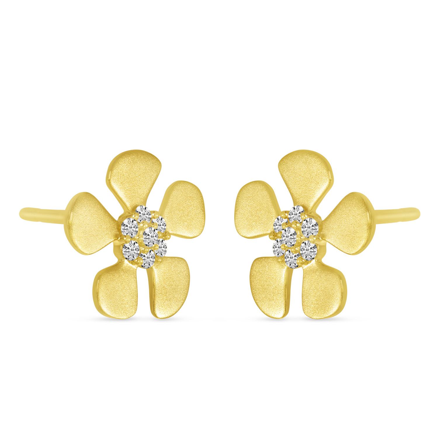 14K Yellow Gold Brushed Gold Diamond Flower Earrings