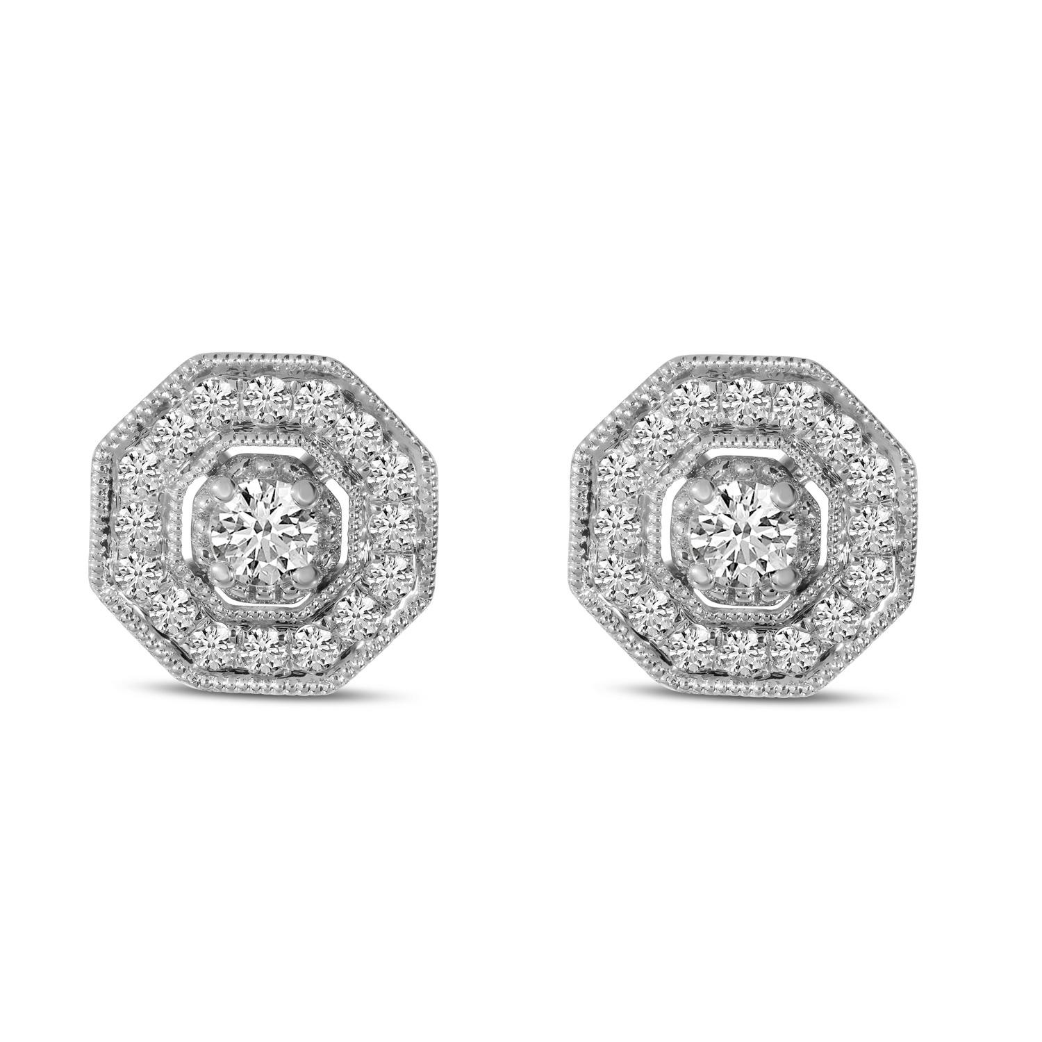 14K White Gold Art Deco Diamond Stud Earrings