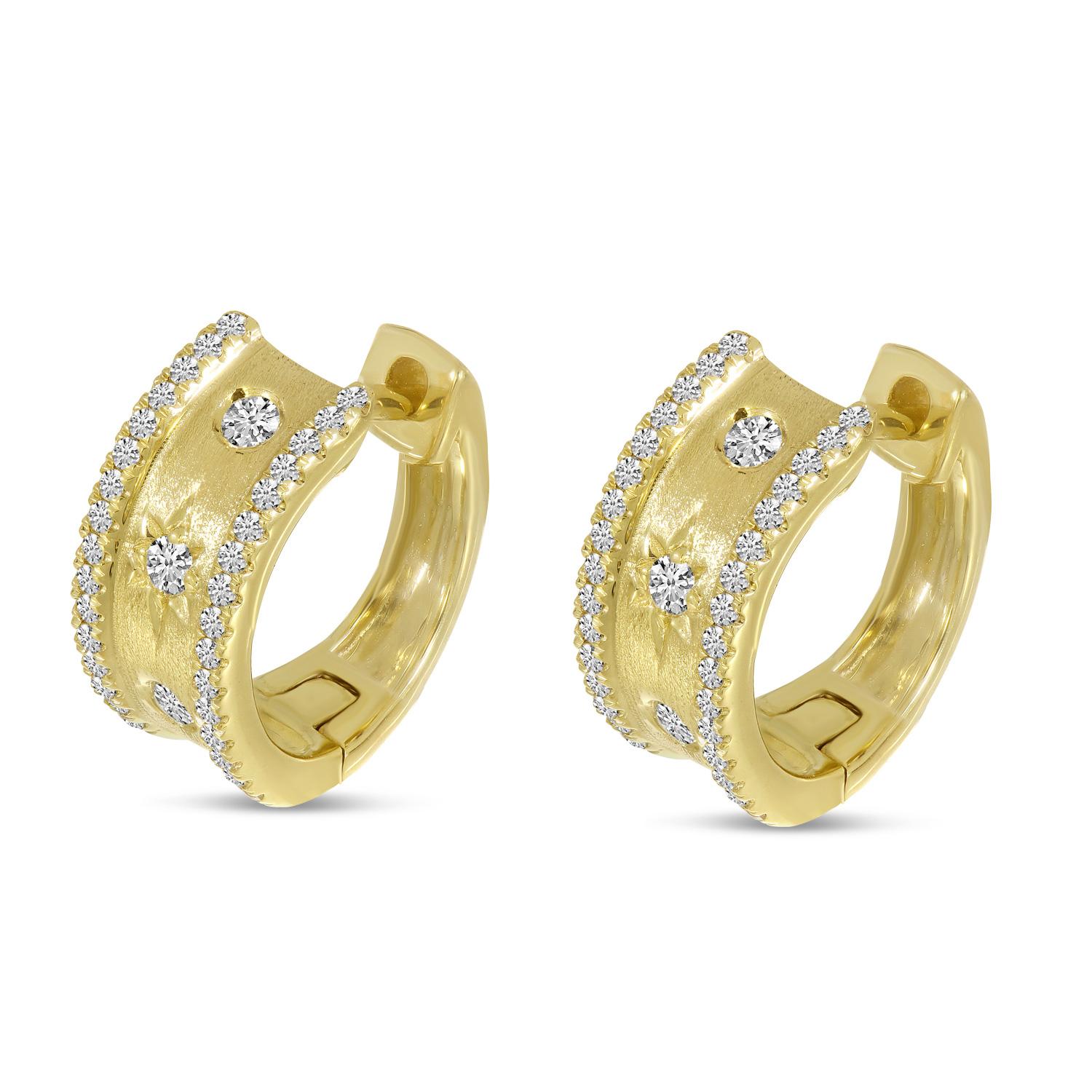 14K Yellow Gold 3-Diamond Celestial Brushed Gold Huggie Earrings