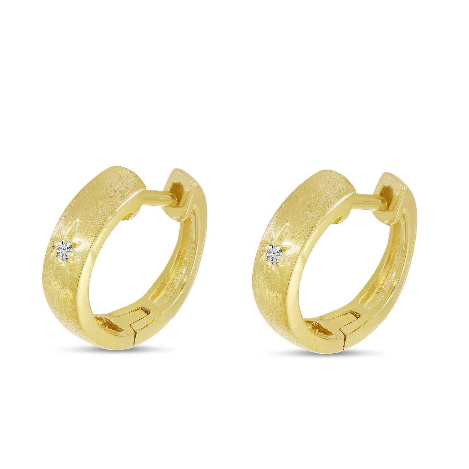 14K Yellow Gold Single Diamond Star Brushed Gold Huggie Earrings