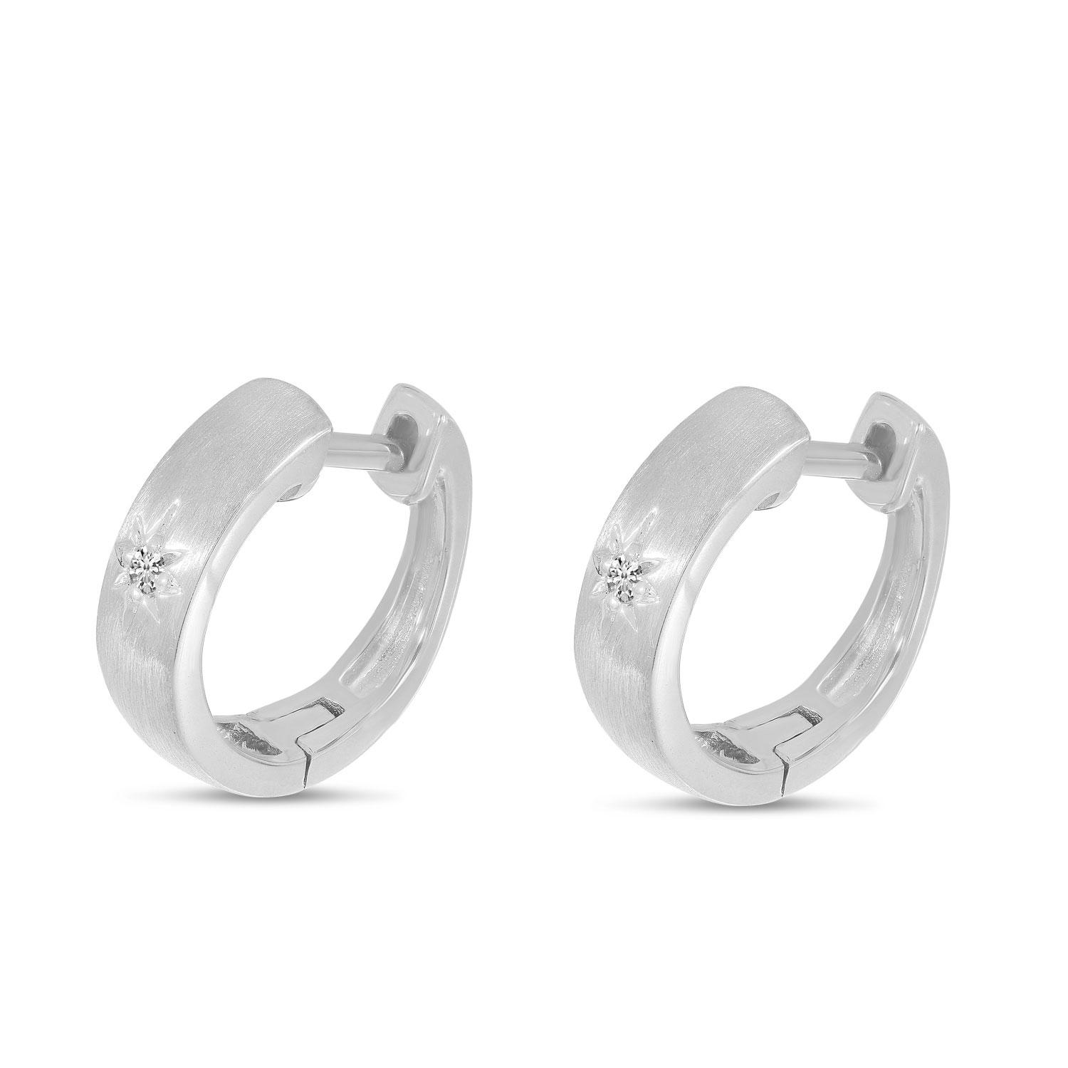 14K White Gold Single Diamond Star Brushed Gold Huggie Earrings