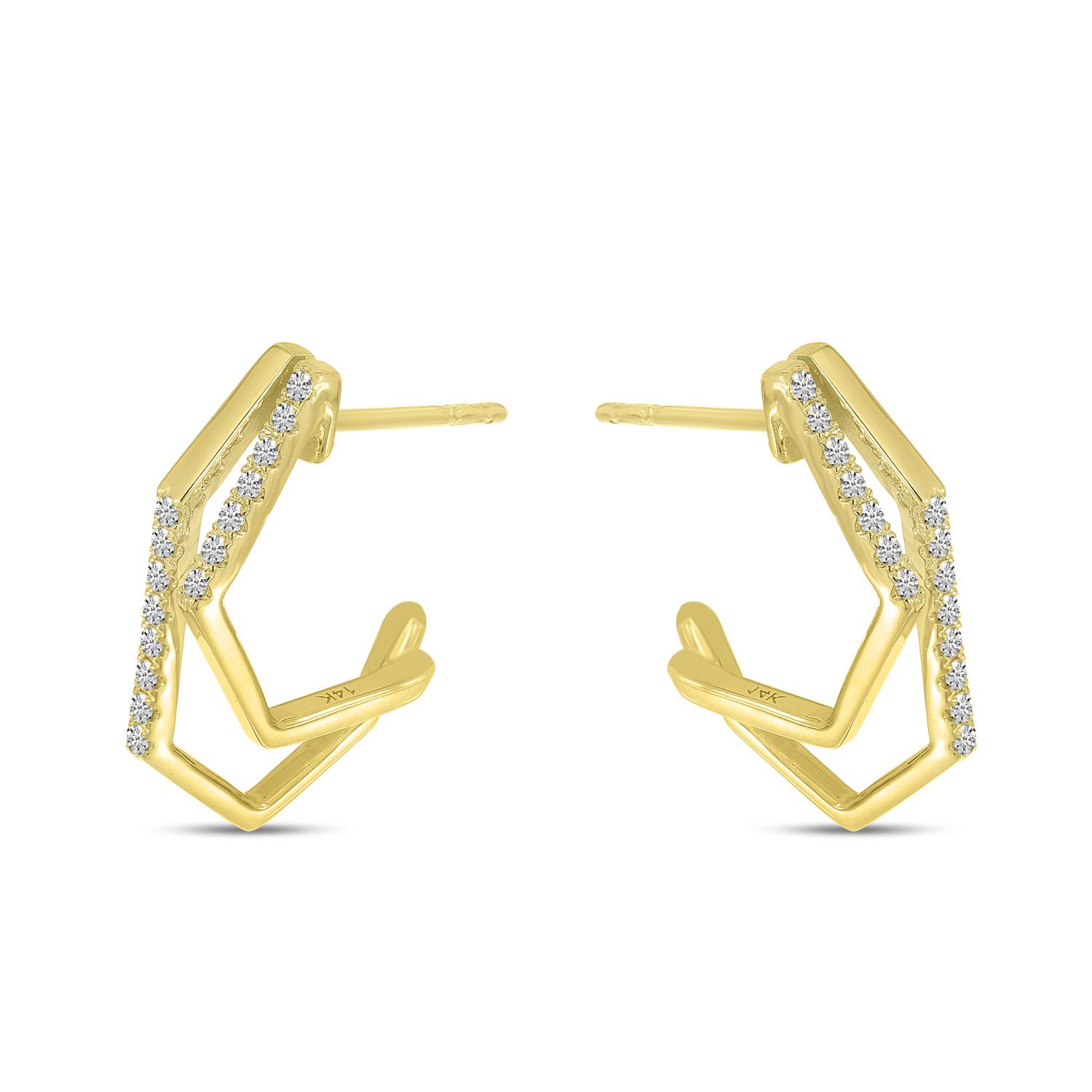 14K Yellow Gold Diamond Geometric Double Hoop Earrings