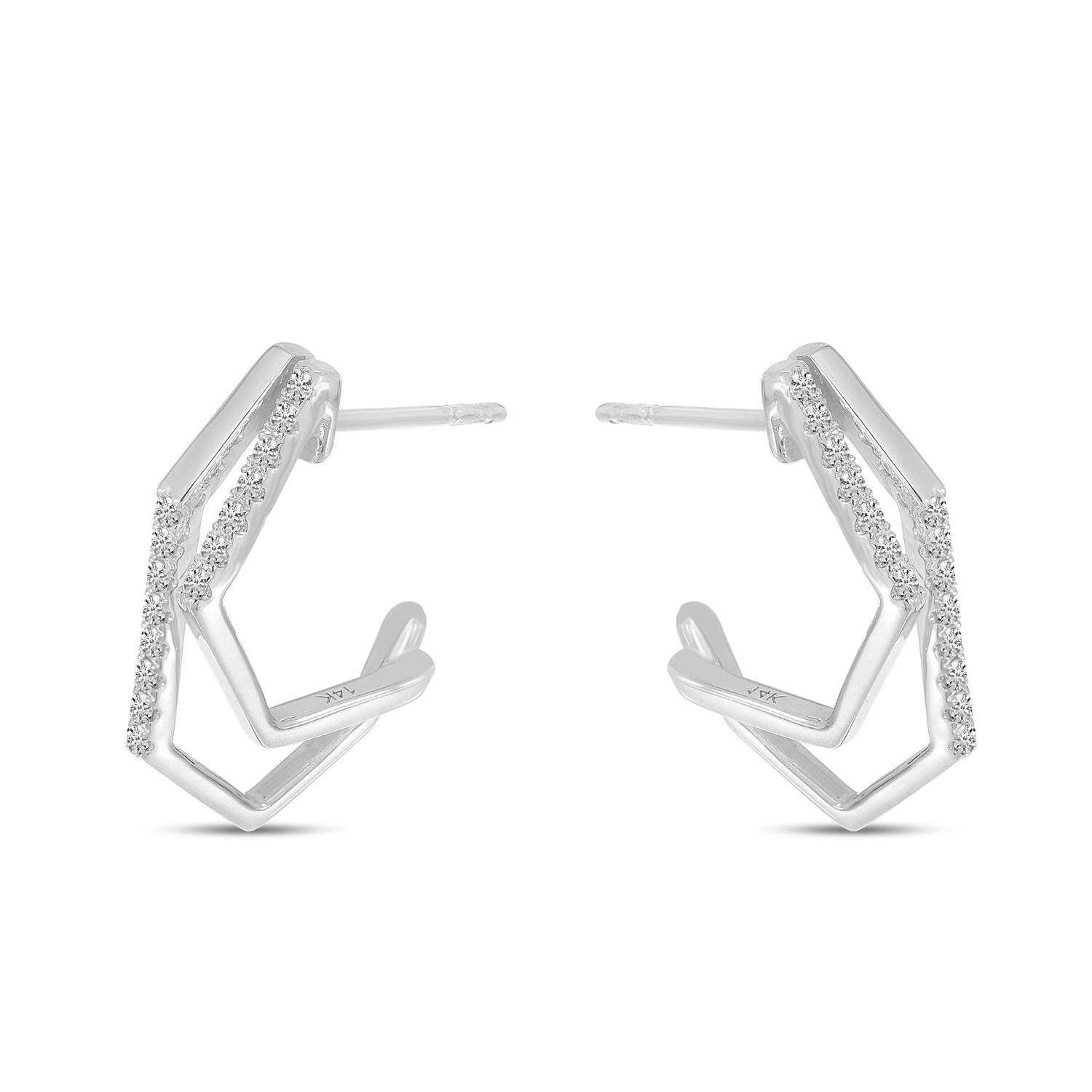 14K White Gold Diamond Geometric Double Hoop Earrings