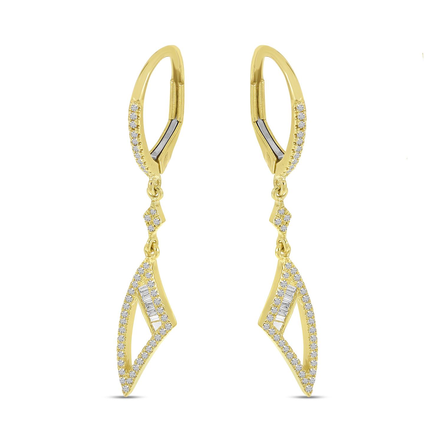 14K Yellow Gold Diamond Baguette Dangle Earrings