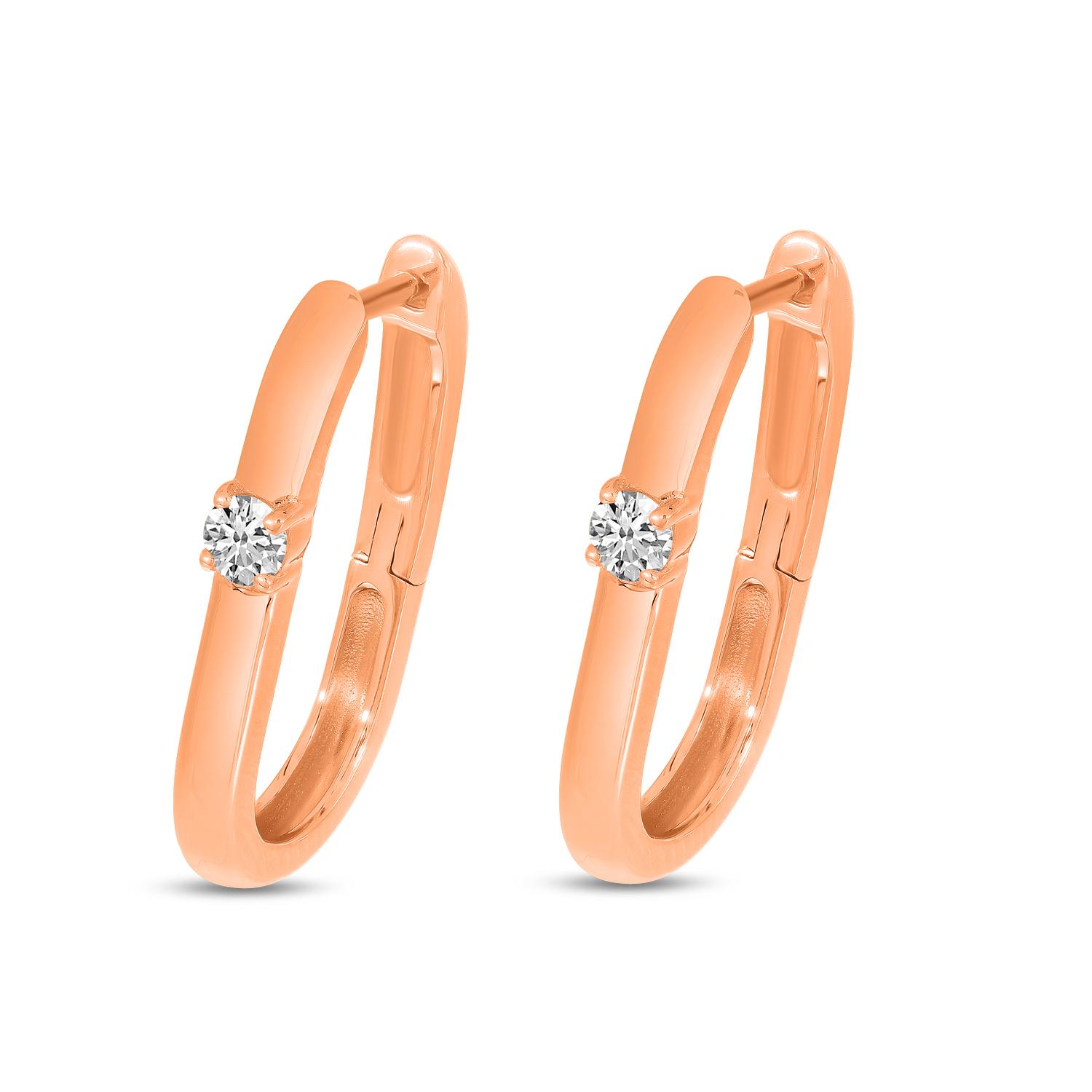 14K Rose Gold Oval Hoop Earrings With Single Diamond