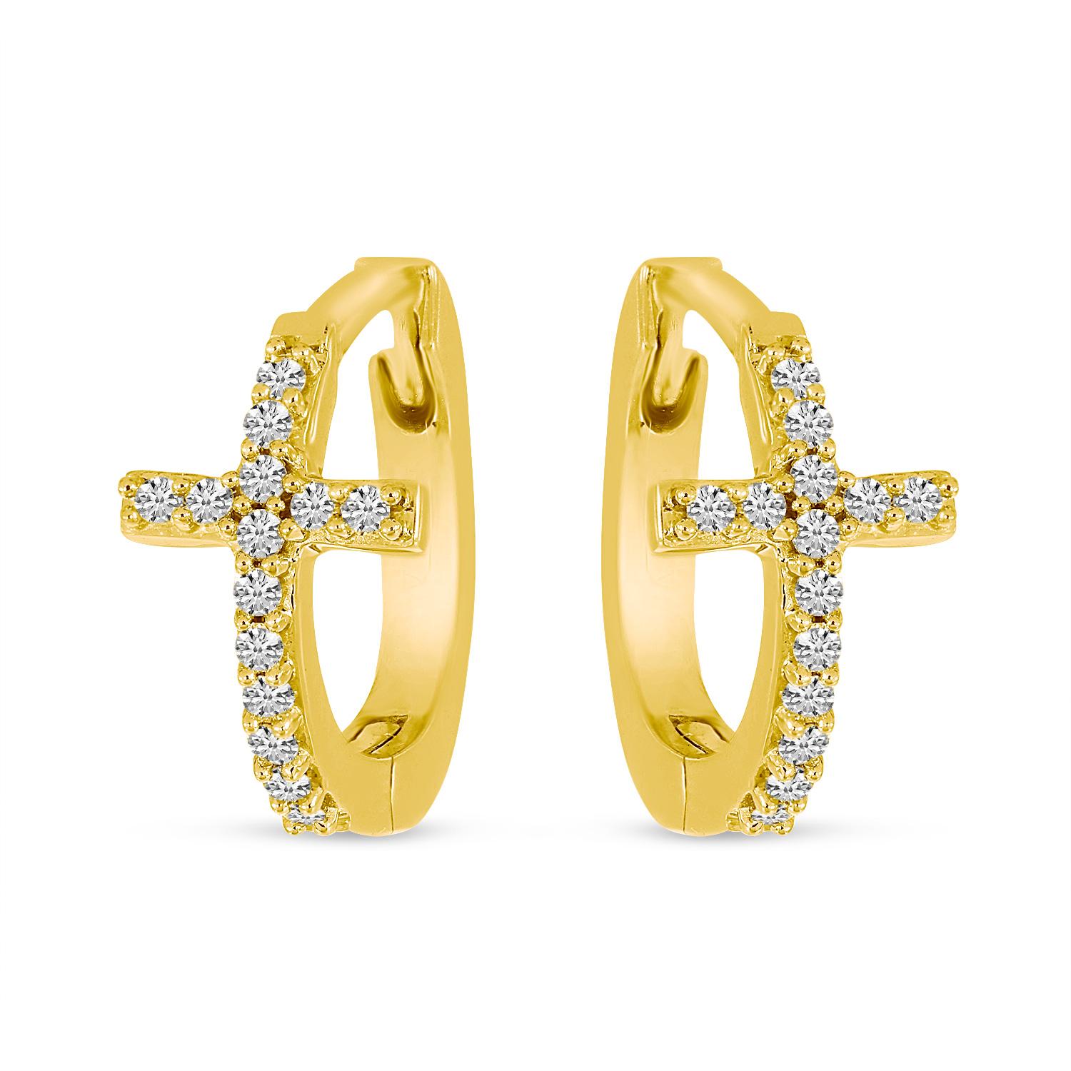 14K Yellow Gold Diamond Cross Huggie Earrings