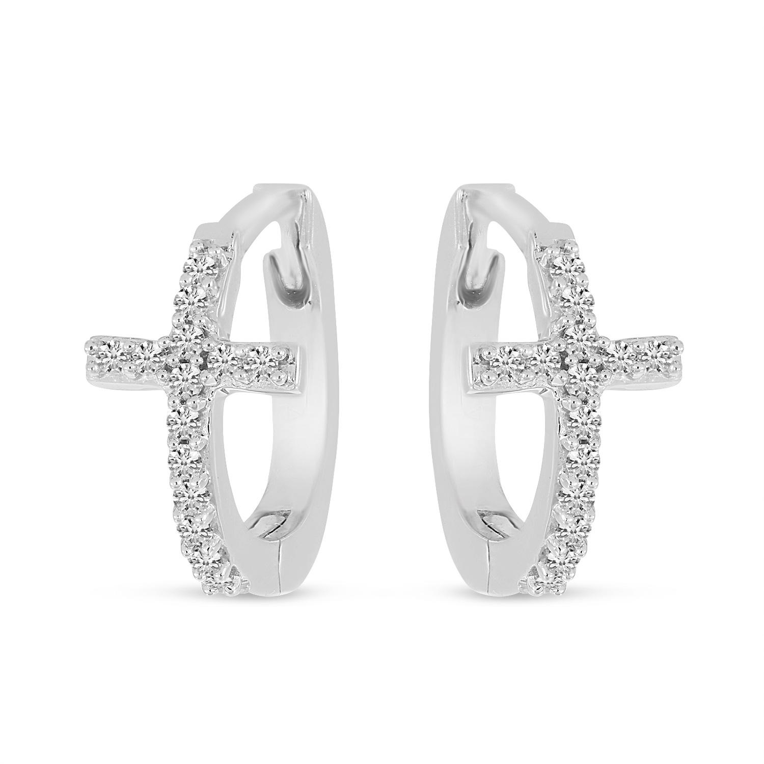 14K White Gold Diamond Cross Huggie Earrings