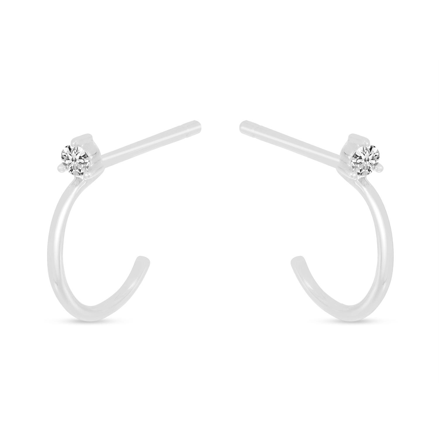 14K White Gold Single Diamond Post Huggie Earrings