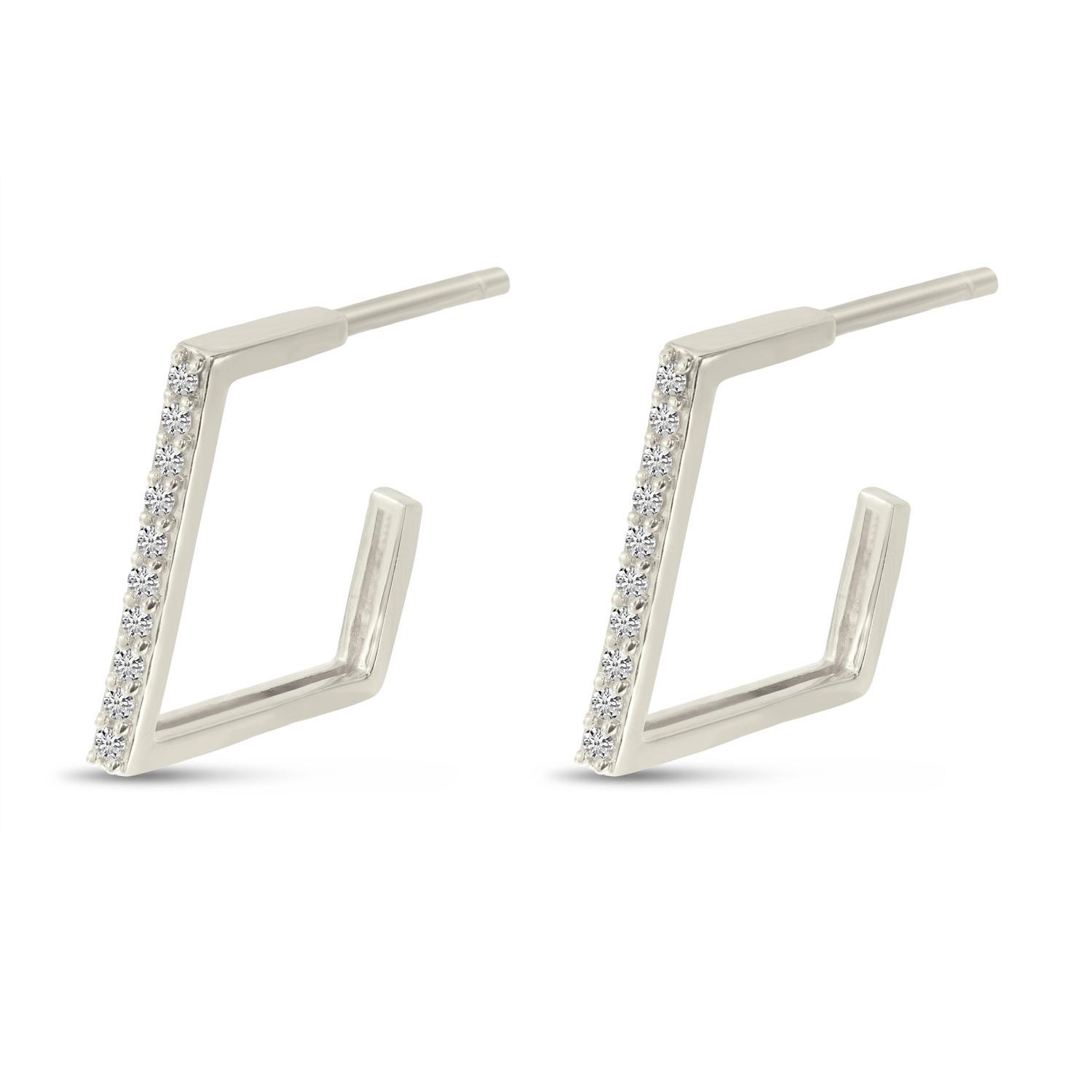 14K White Gold Diamond Geometric Huggie Earrings