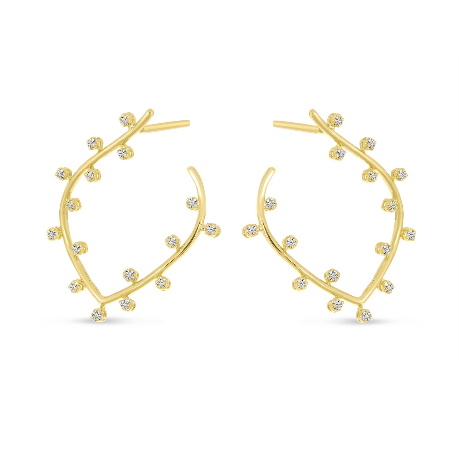 14K Yellow Gold Bubble Front Leaf Hoop Earrings