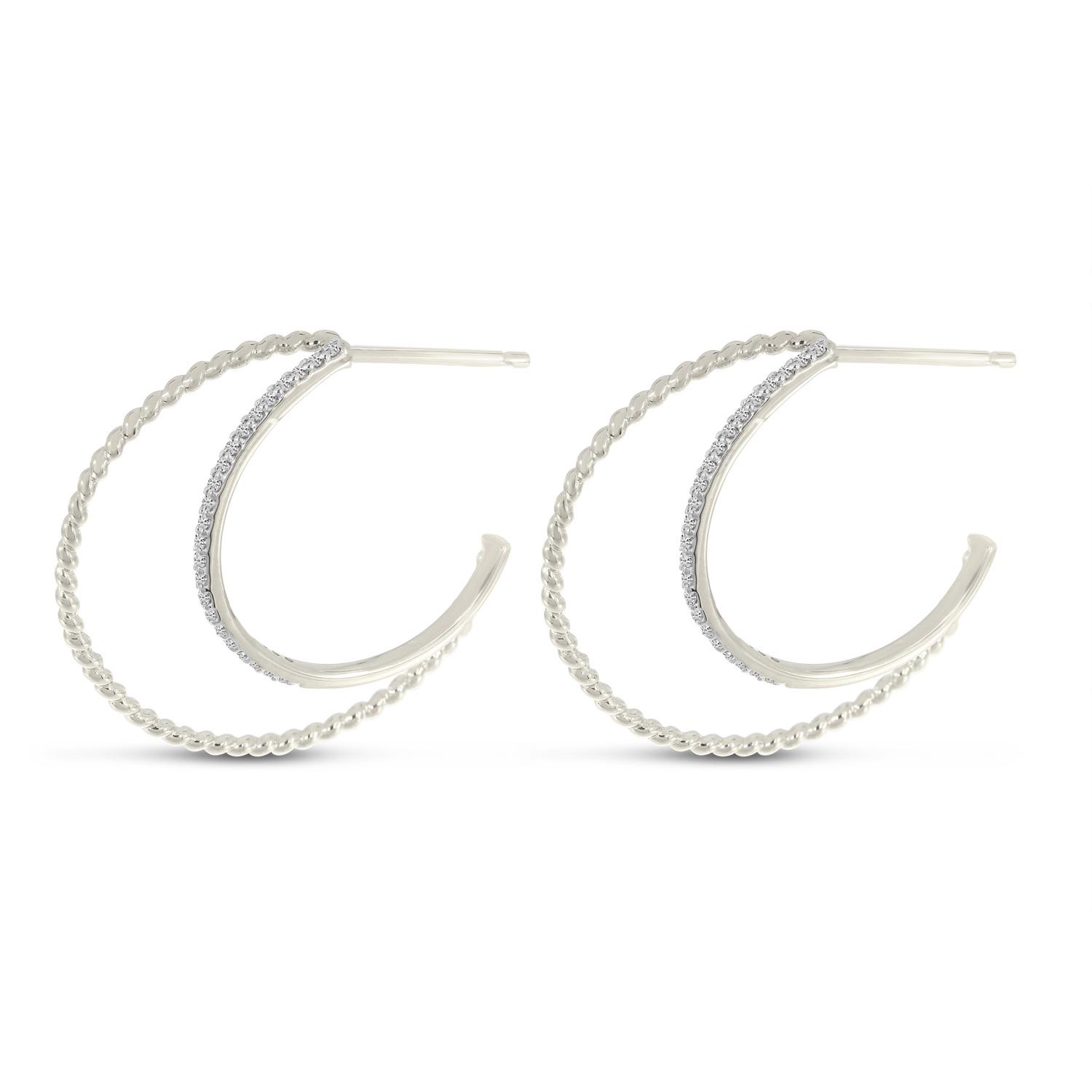 14K White Gold Diamond Twist Double Hoops